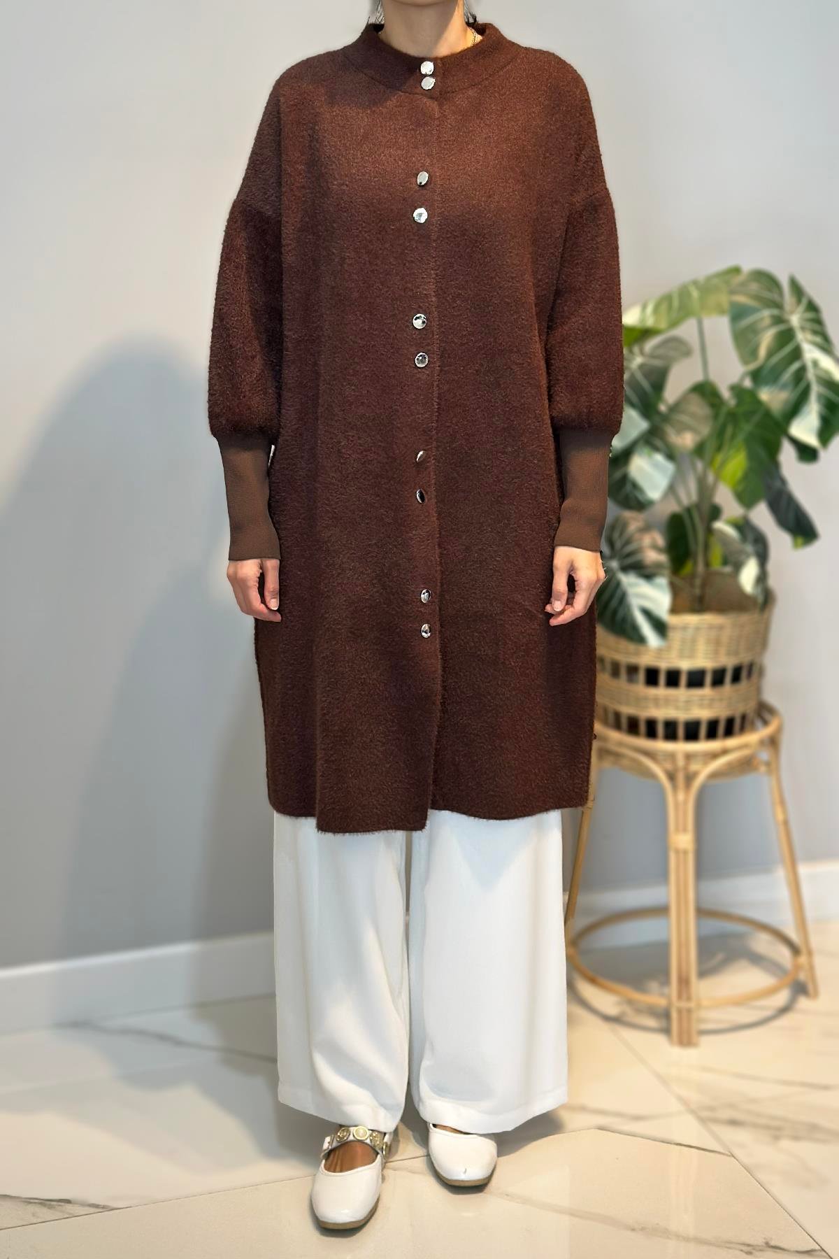 Uzun Düğme Detay Angora Hırka 25129 Kahverengi