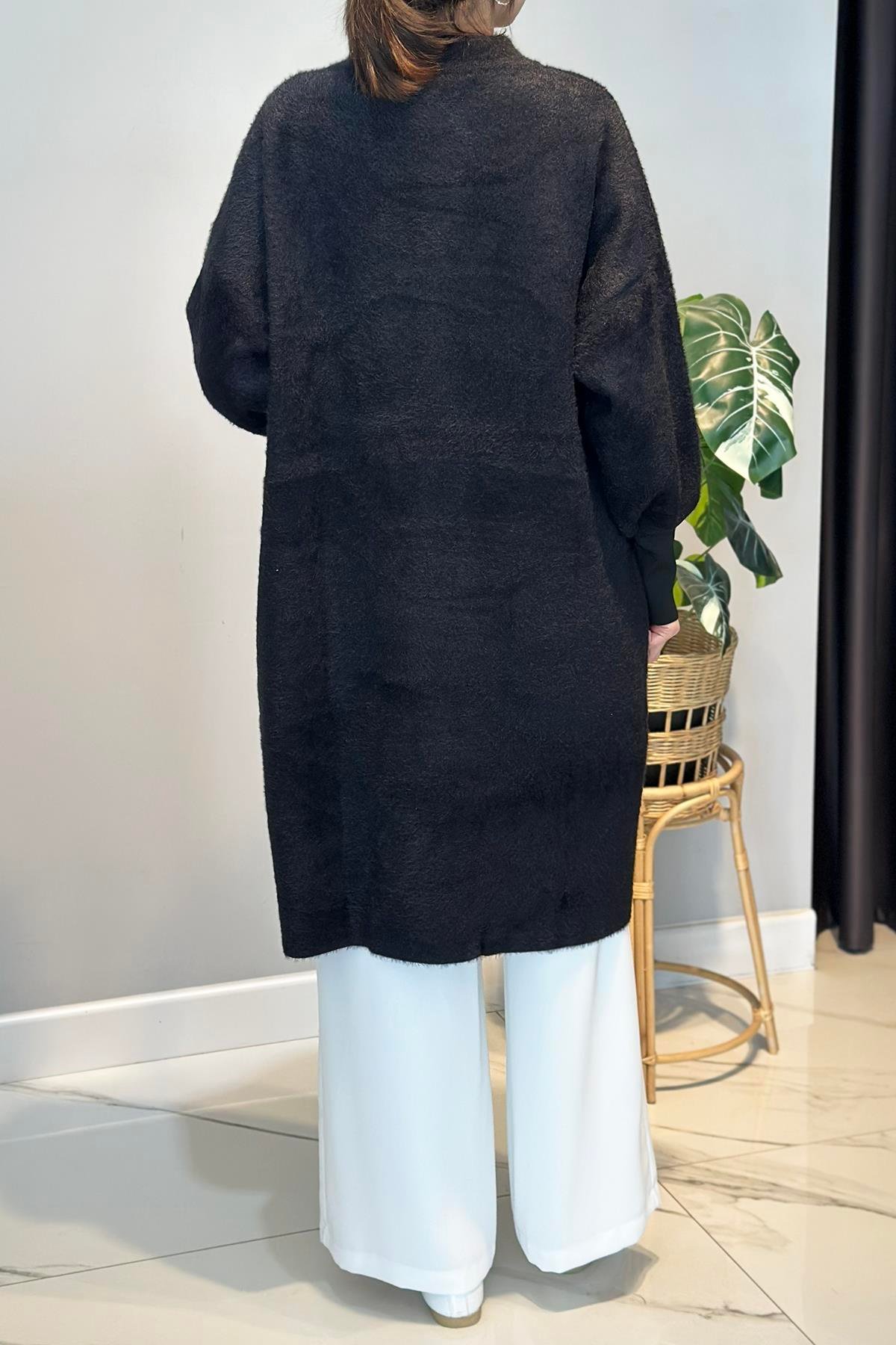 Uzun Düğme Detay Angora Hırka 25129 Siyah