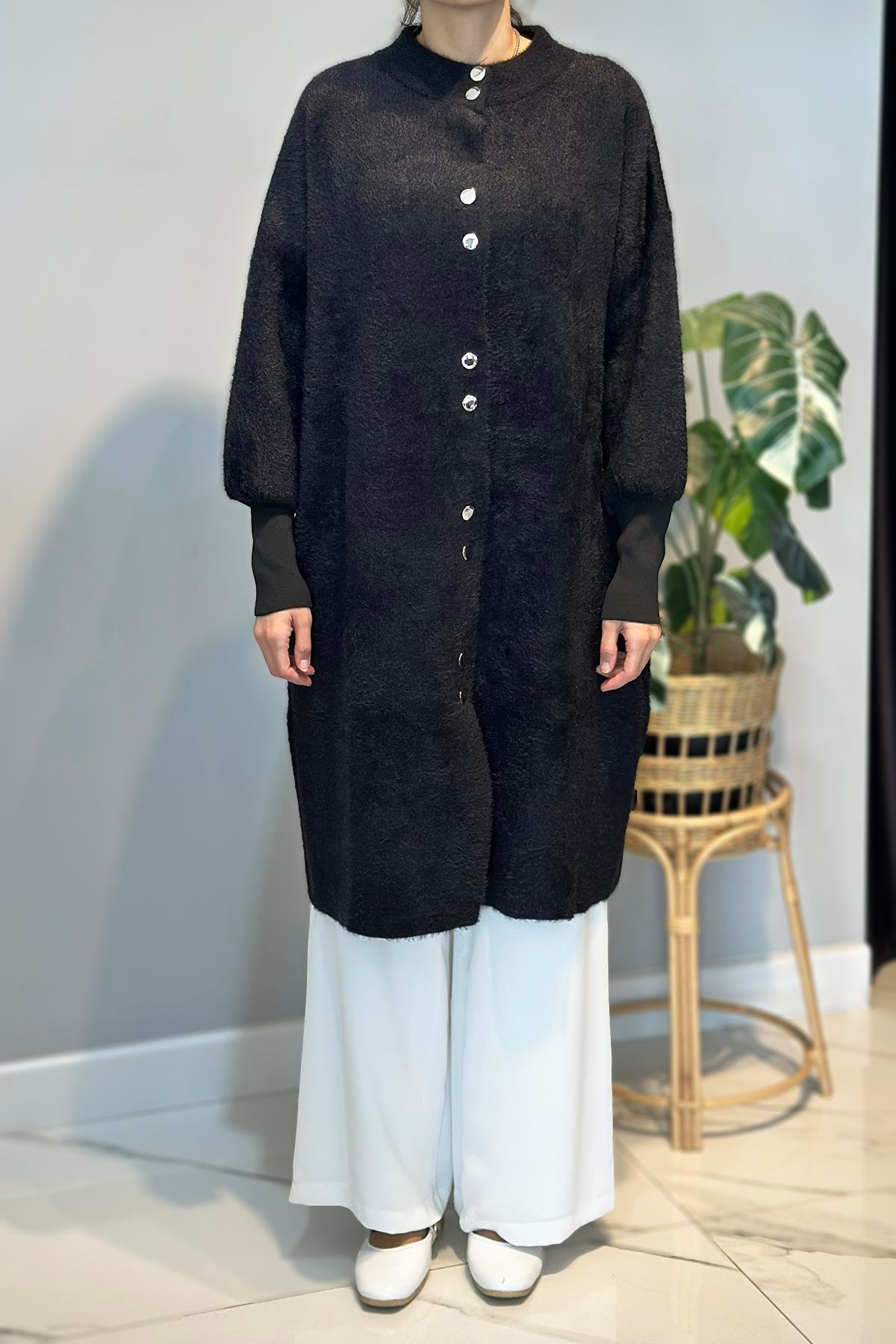Uzun Düğme Detay Angora Hırka 25129 Siyah