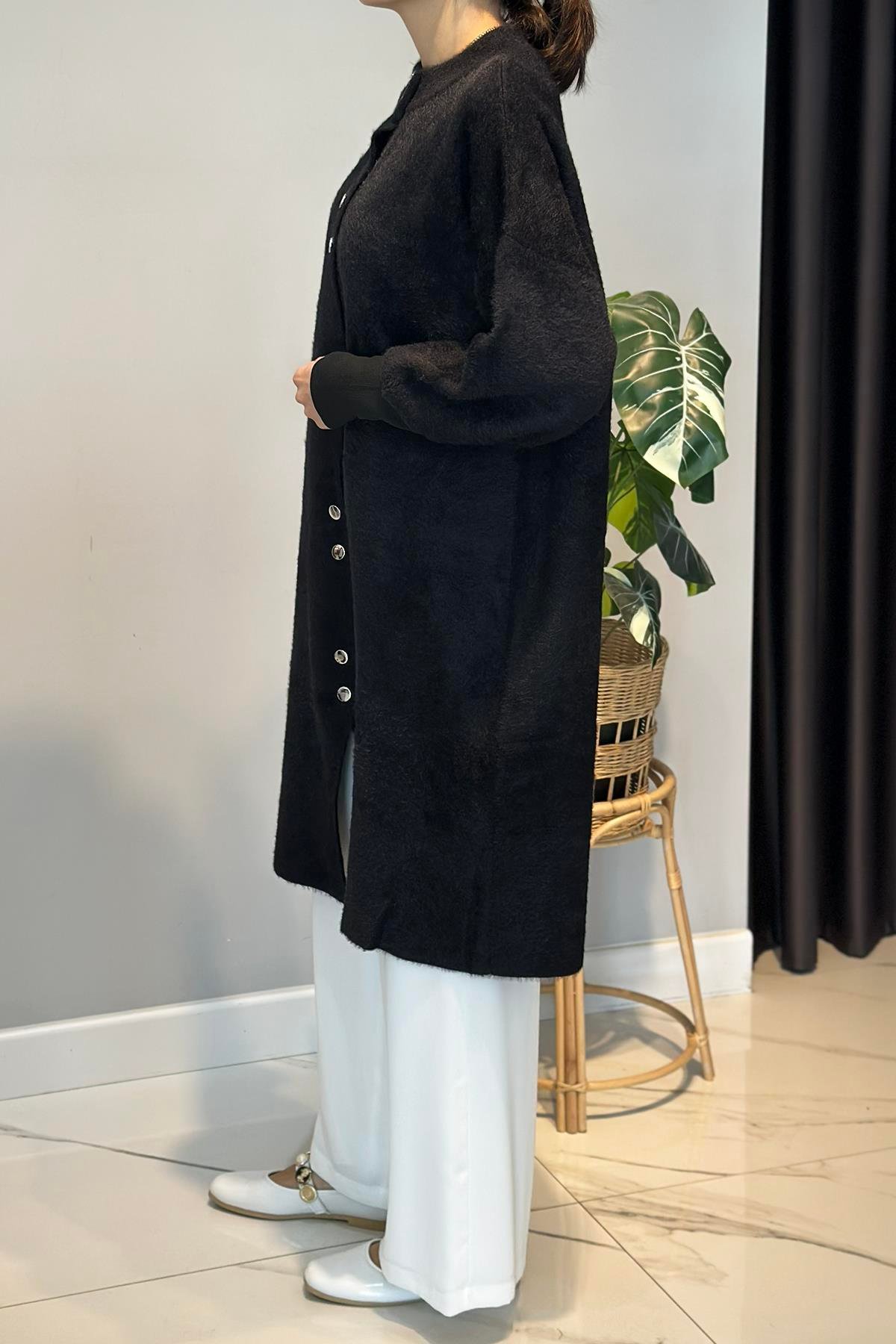 Uzun Düğme Detay Angora Hırka 25129 Siyah