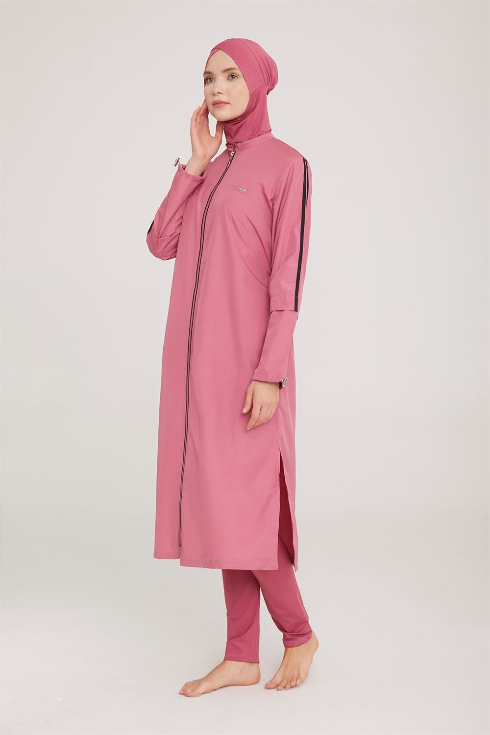 Uzun Tam Boy Tam Kapalı Tesettür Mayo Aletha 1314 Gül Kurusu Remsa Mayo