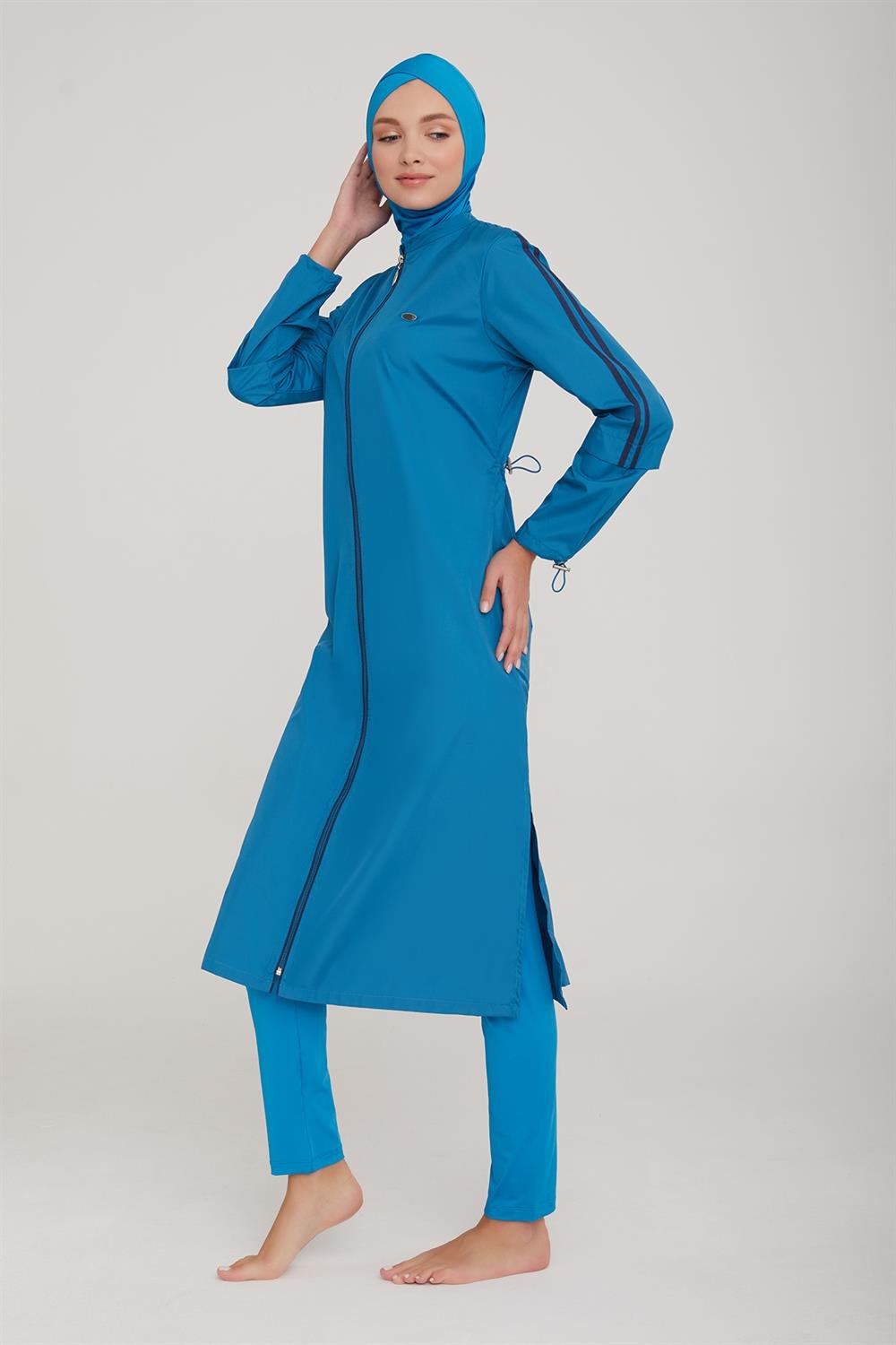 Uzun Tam Boy Tam Kapalı Tesettür Mayo Aletha 1314 Petrol Remsa Mayo