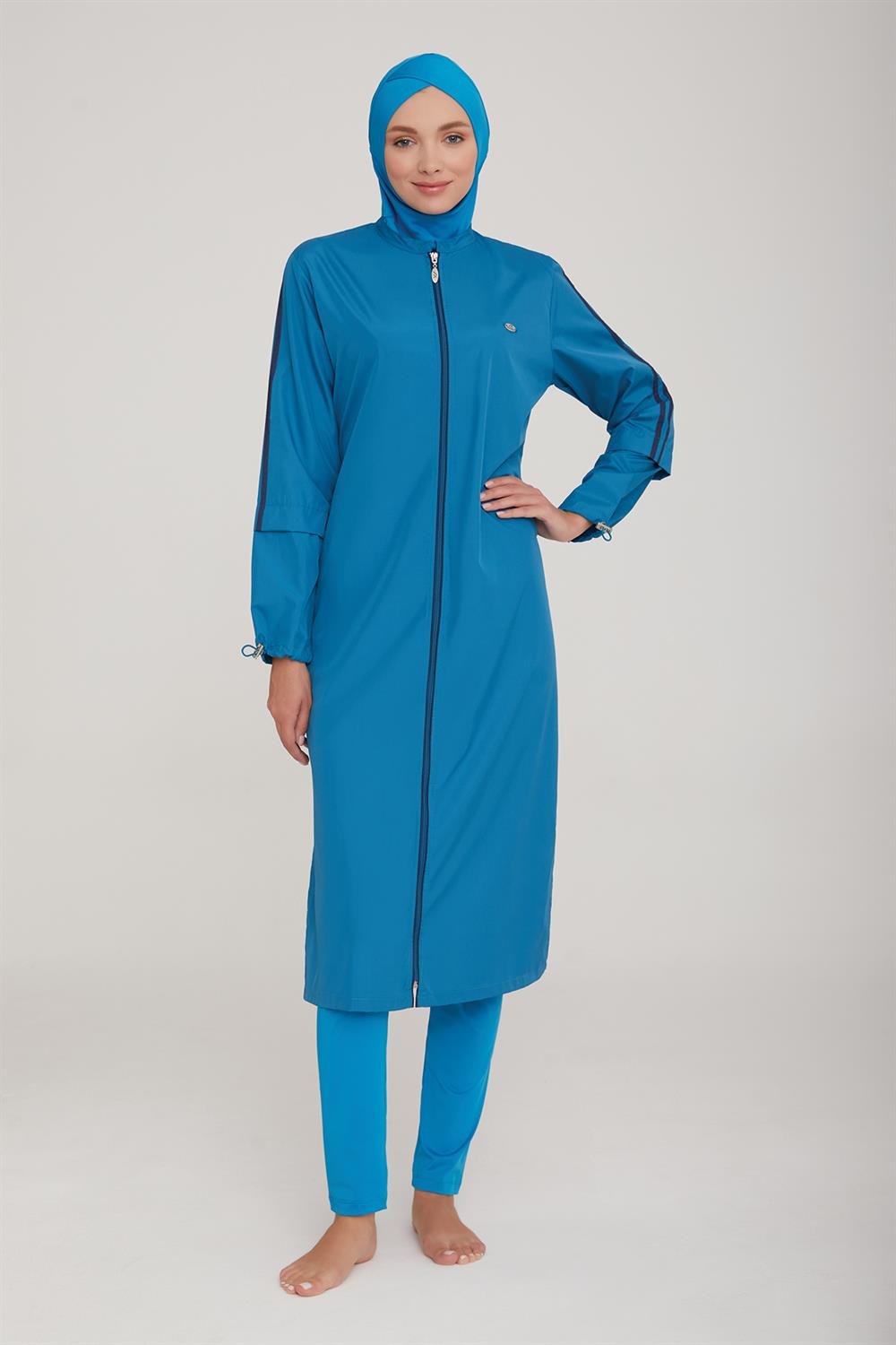 Uzun Tam Boy Tam Kapalı Tesettür Mayo Aletha 1314 Petrol Remsa Mayo