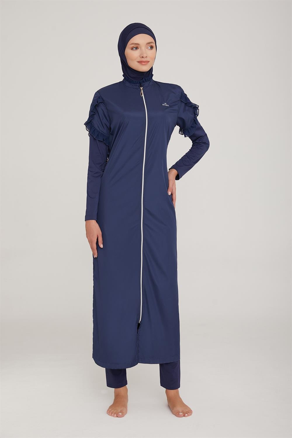 Uzun Tam Boy Tam Kapalı Tesettür Mayo Noslen 1255 Koyu Lacivert Remsa Mayo