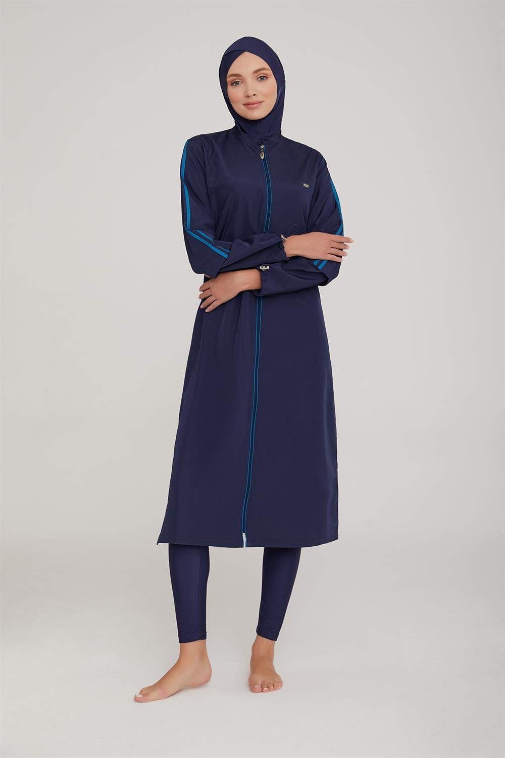 Uzun Tam Boy Tam Kapalı Tesettür Mayo Aletha 1314 Koyu Lacivert Remsa Mayo