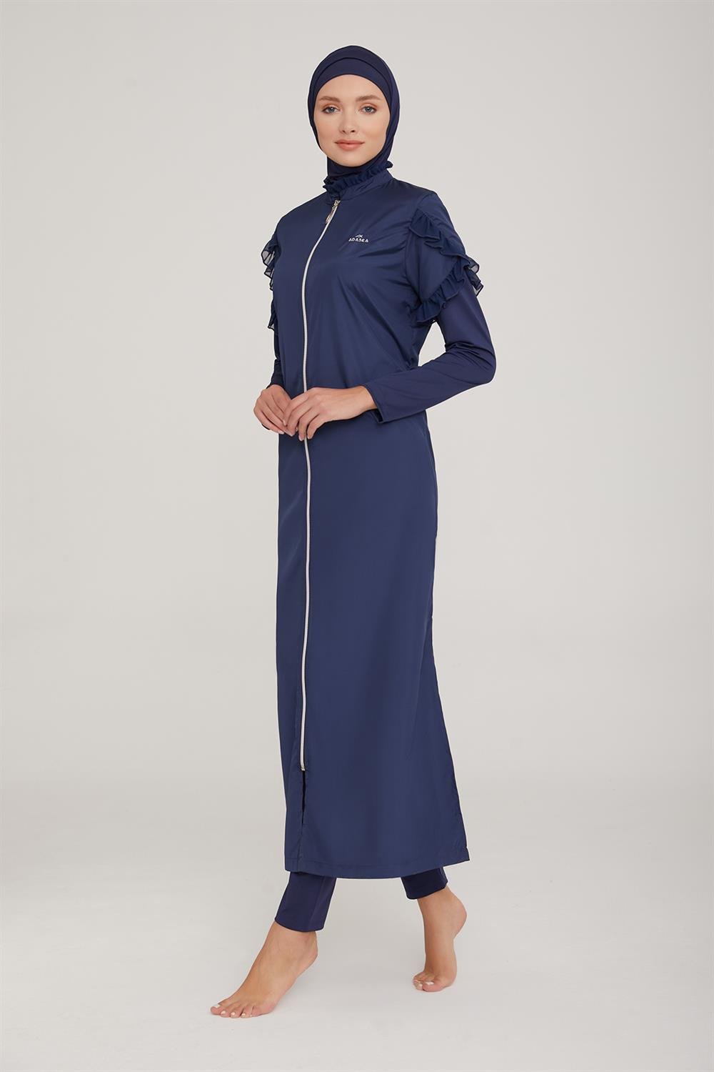 Uzun Tam Boy Tam Kapalı Tesettür Mayo Noslen 1255 Koyu Lacivert Remsa Mayo