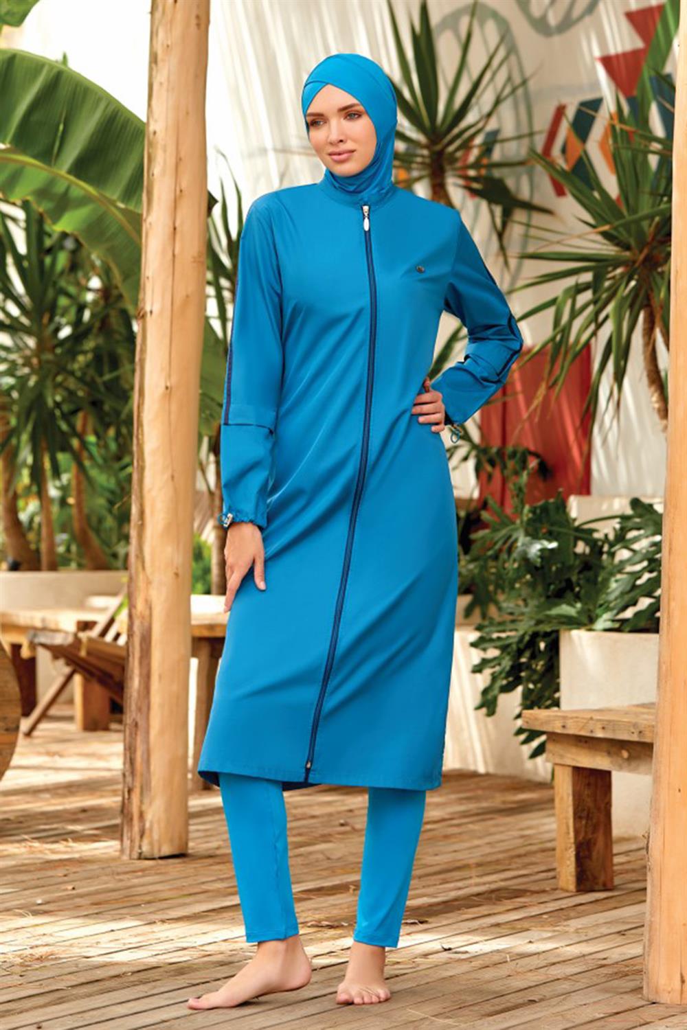 Uzun Tam Boy Tam Kapalı Tesettür Mayo Aletha 1314 Petrol Remsa Mayo