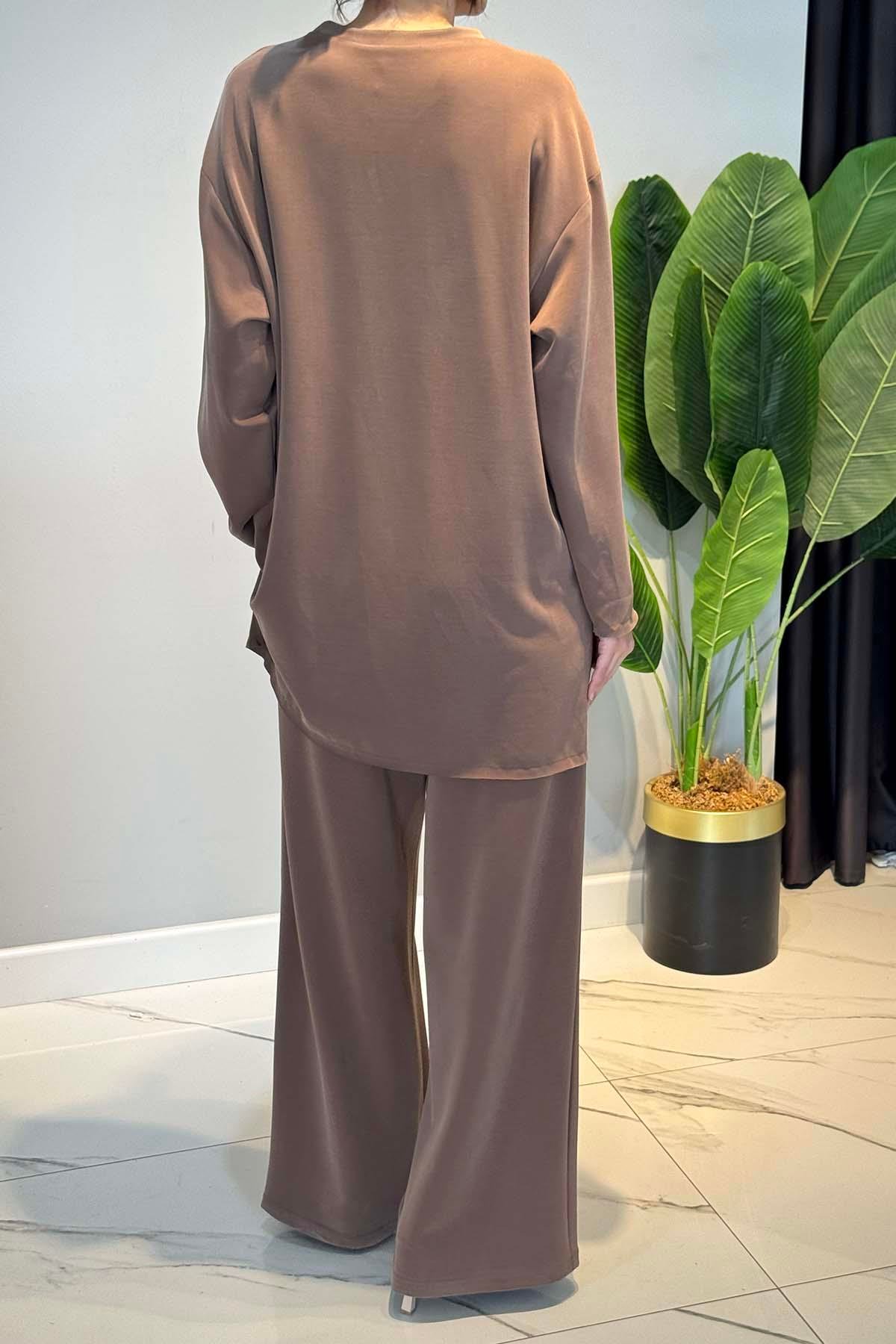 V İşlemeli Adel Pantolonlu Takım 6948 Kahverengi
