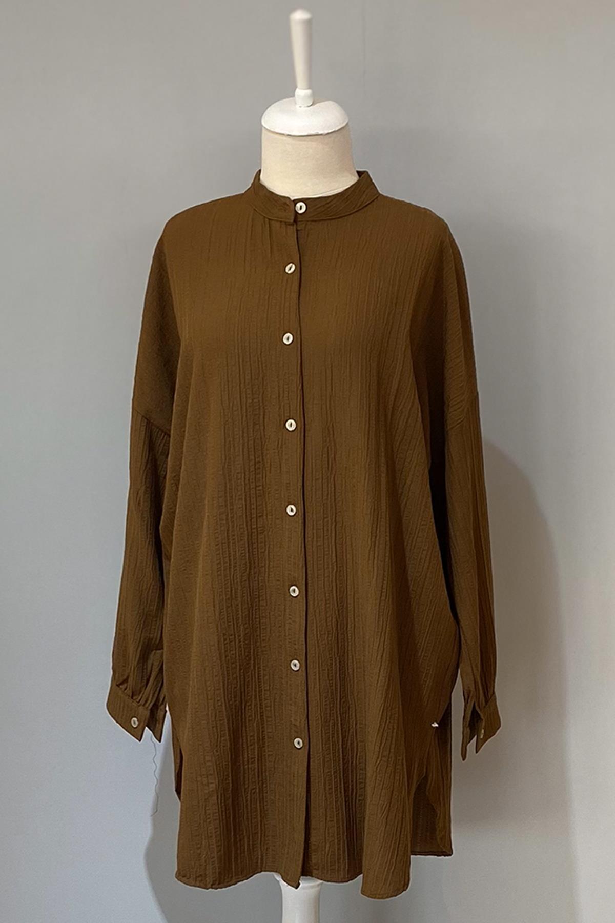 Viskon Oversize Krinkıl Tunik Gömlek Mara 4092 Kahverengi