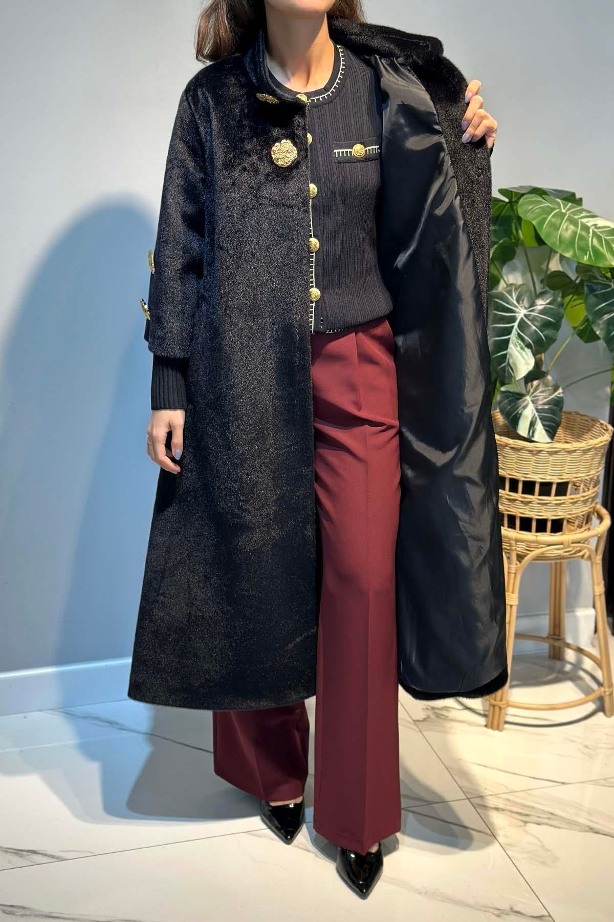 Yaka ve Kol Broş Detay Kaban 2586 Siyah