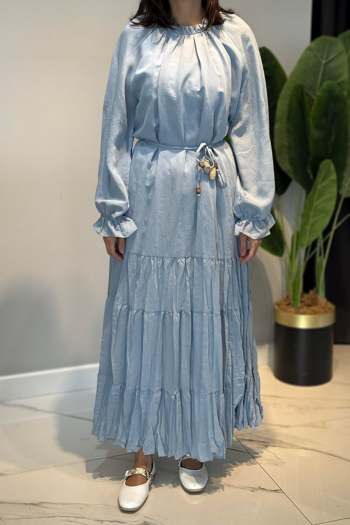 Yakası ve Eteği Büzgü Fırfır Detaylı Elbise 5789 Bebe Mavi