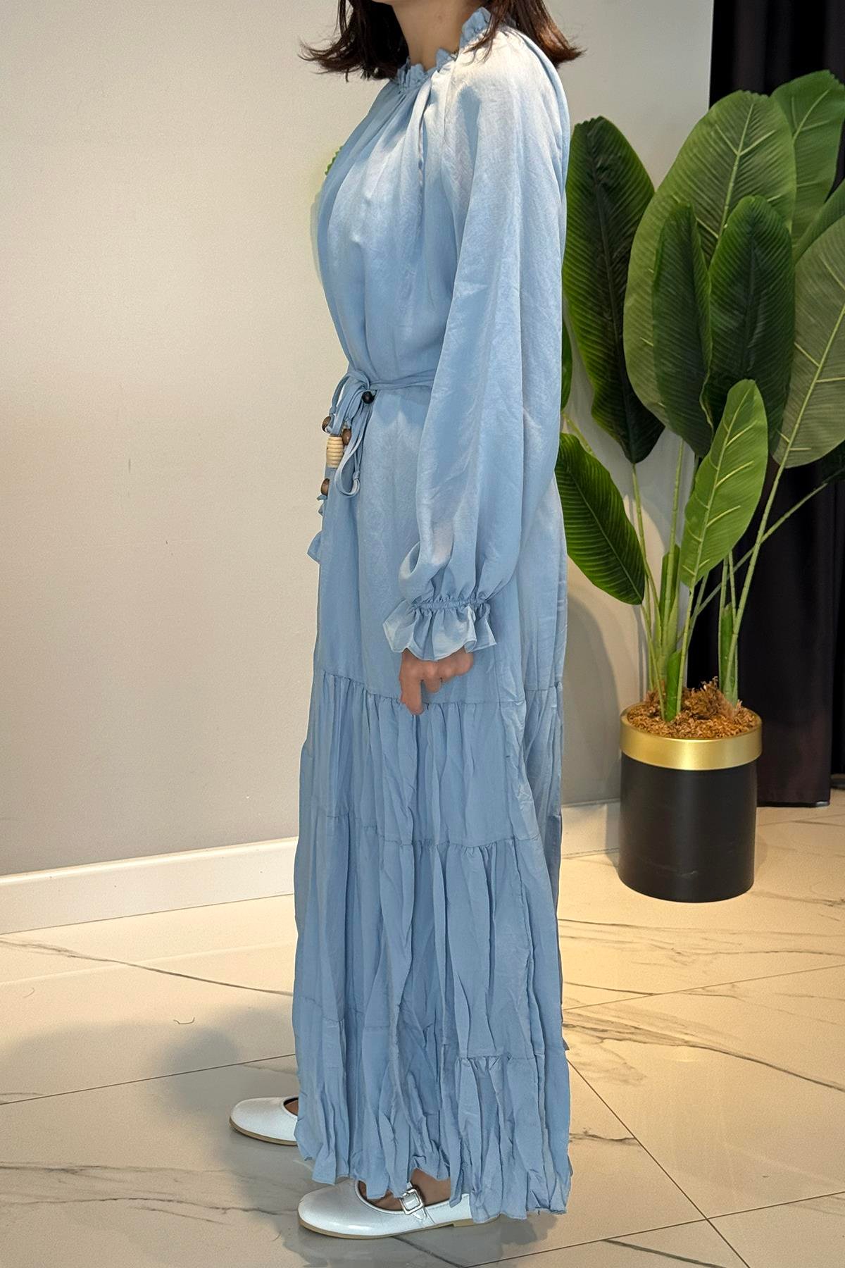 Yakası ve Eteği Büzgü Fırfır Detaylı Elbise 5789 Bebe Mavi