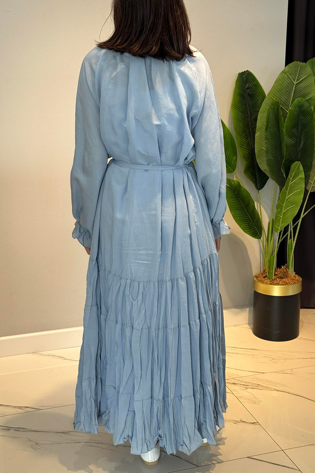 Yakası ve Eteği Büzgü Fırfır Detaylı Elbise 5789 Bebe Mavi