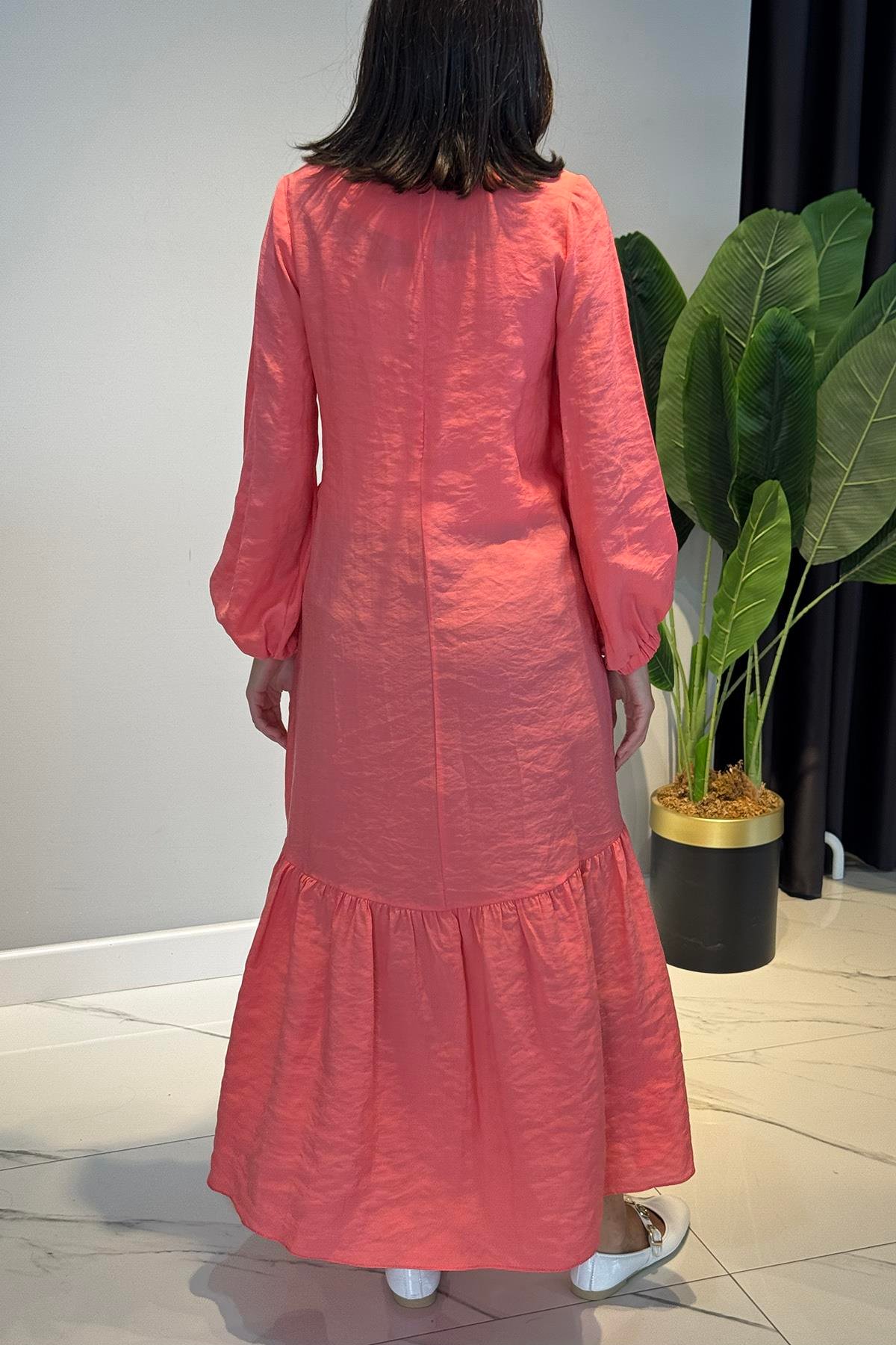 Yandan Bağlamalı Cupra Elbise 5788 Mercan