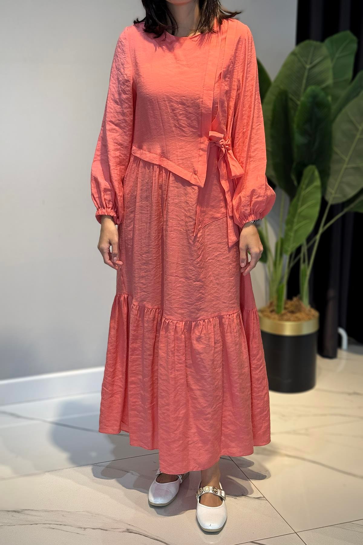 Yandan Bağlamalı Cupra Elbise 5788 Mercan