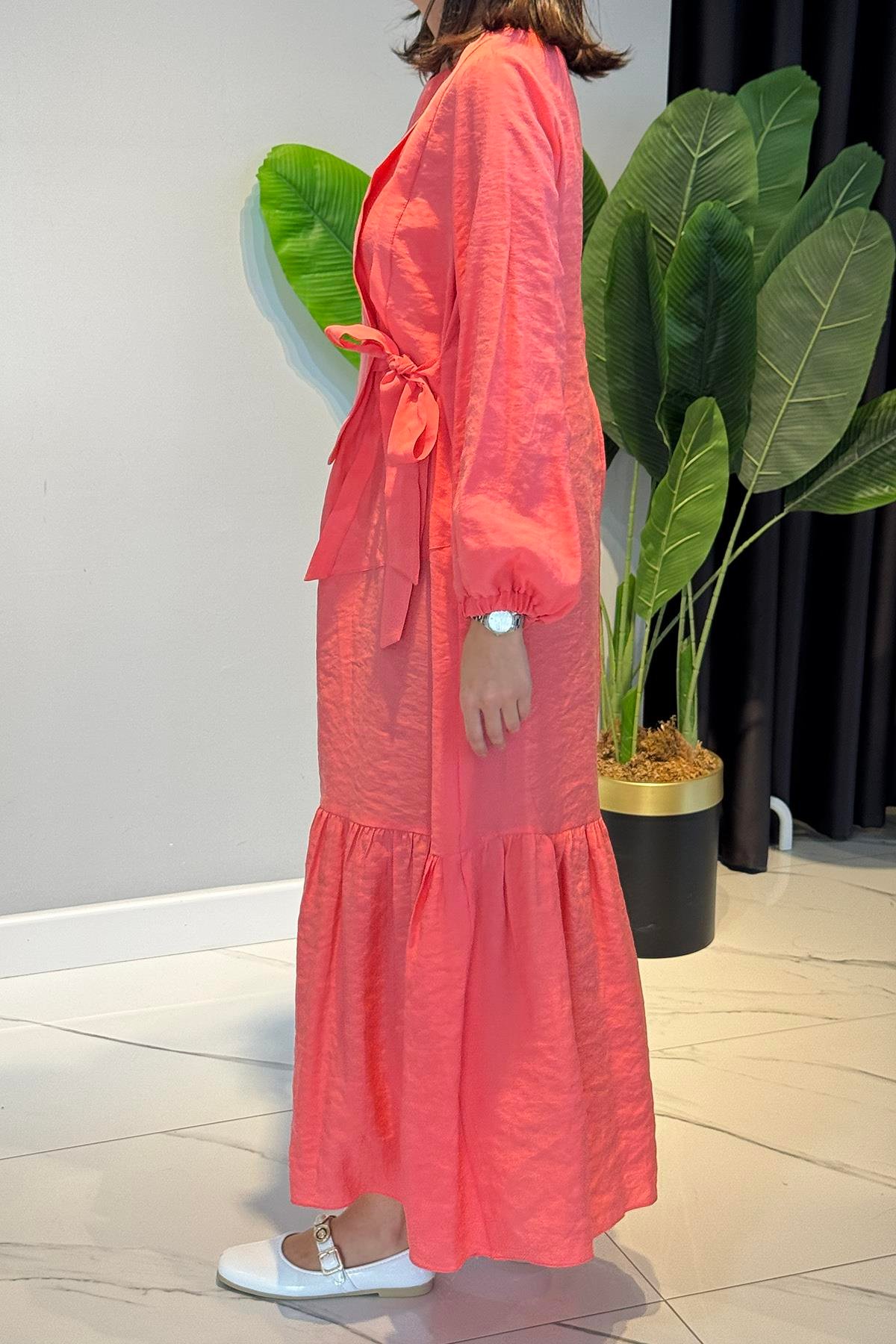 Yandan Bağlamalı Cupra Elbise 5788 Mercan