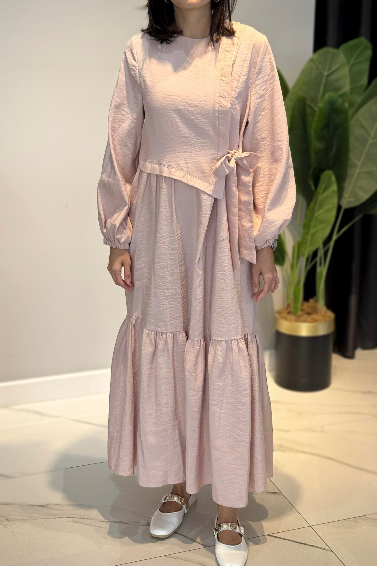 Yandan Bağlamalı Cupra Elbise 5788 Pudra