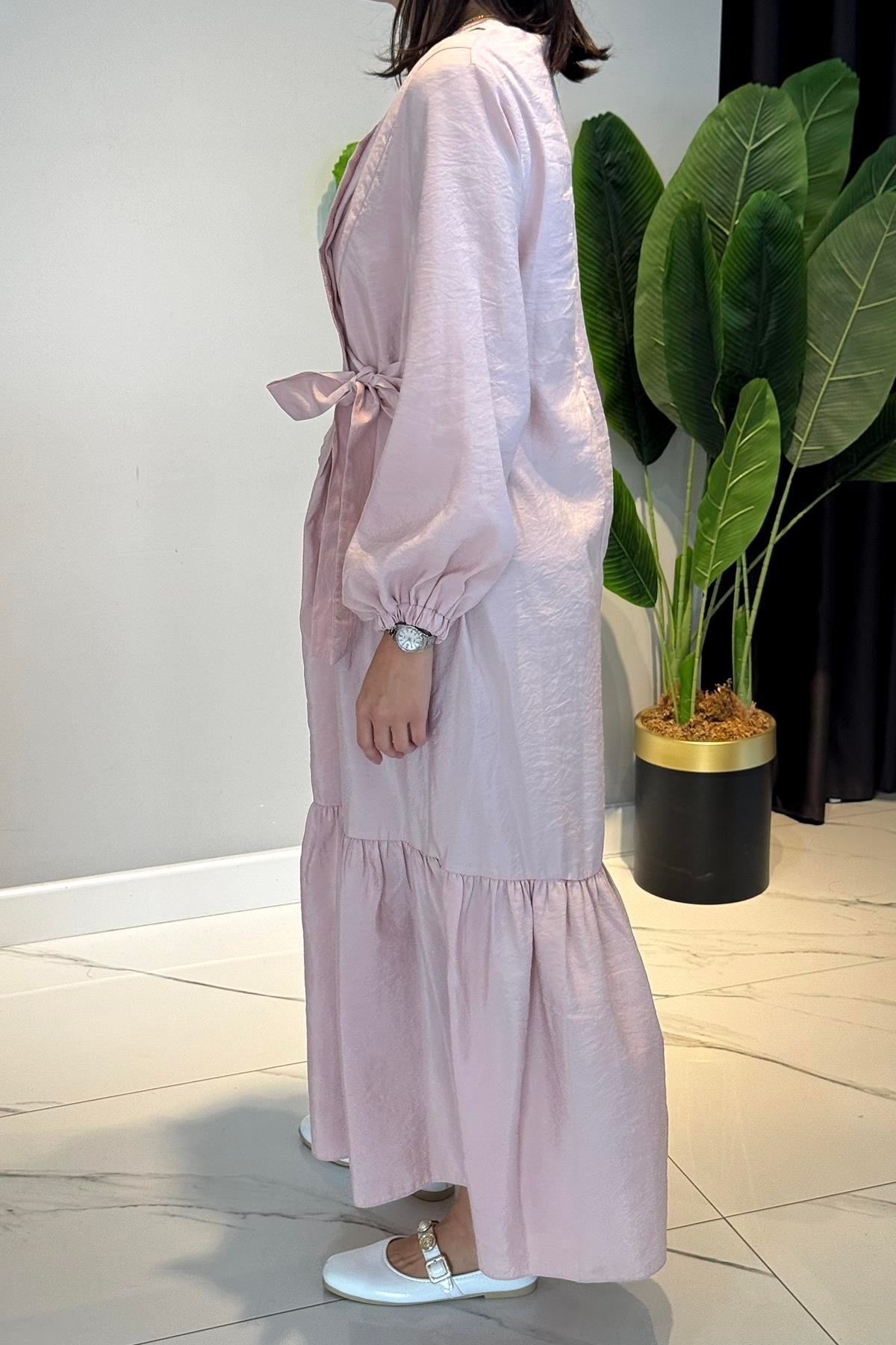 Yandan Bağlamalı Cupra Elbise 5788 Pudra