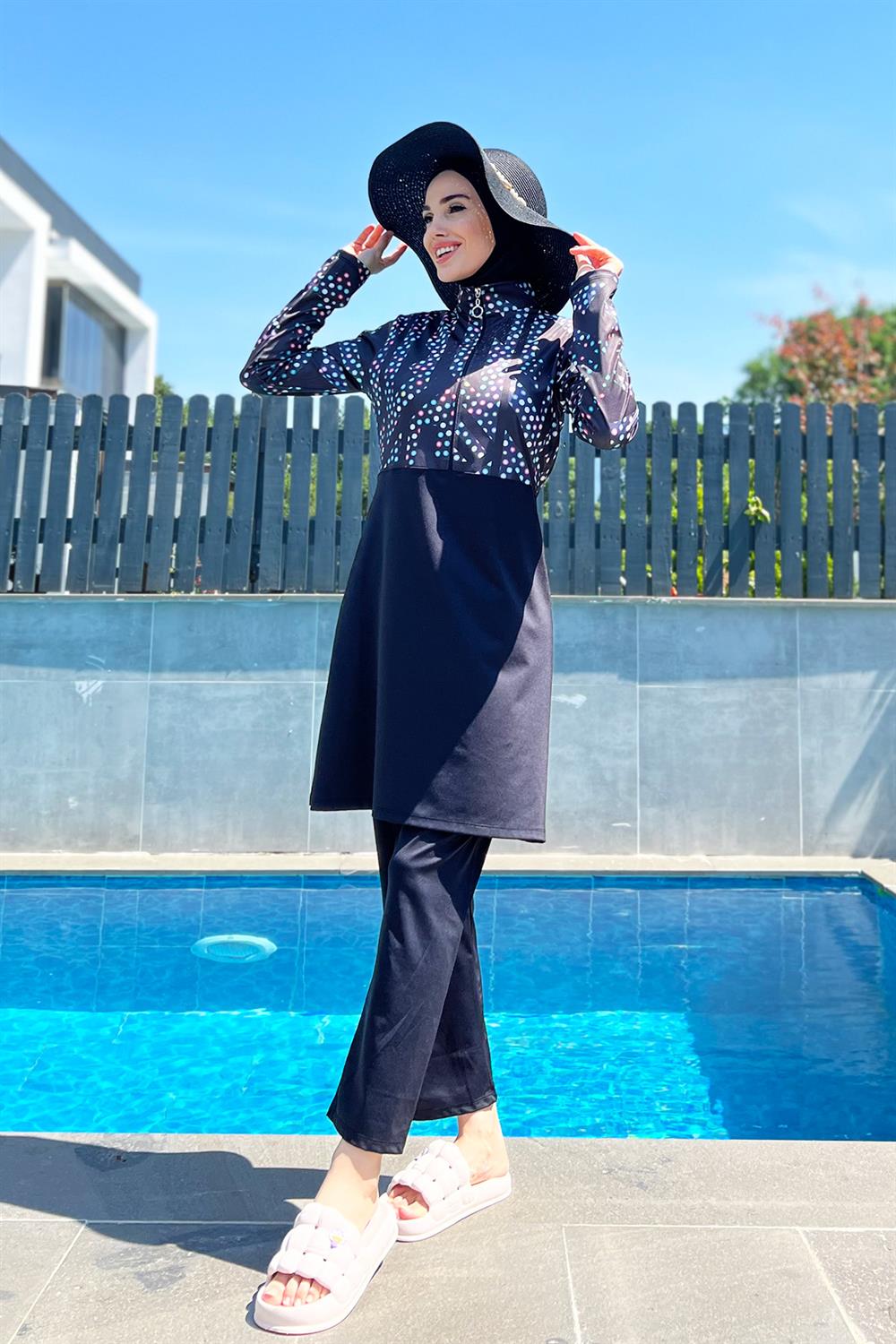 Yarım Fermuarlı Likralı Tam Kapalı Mayo R4505 Labirent