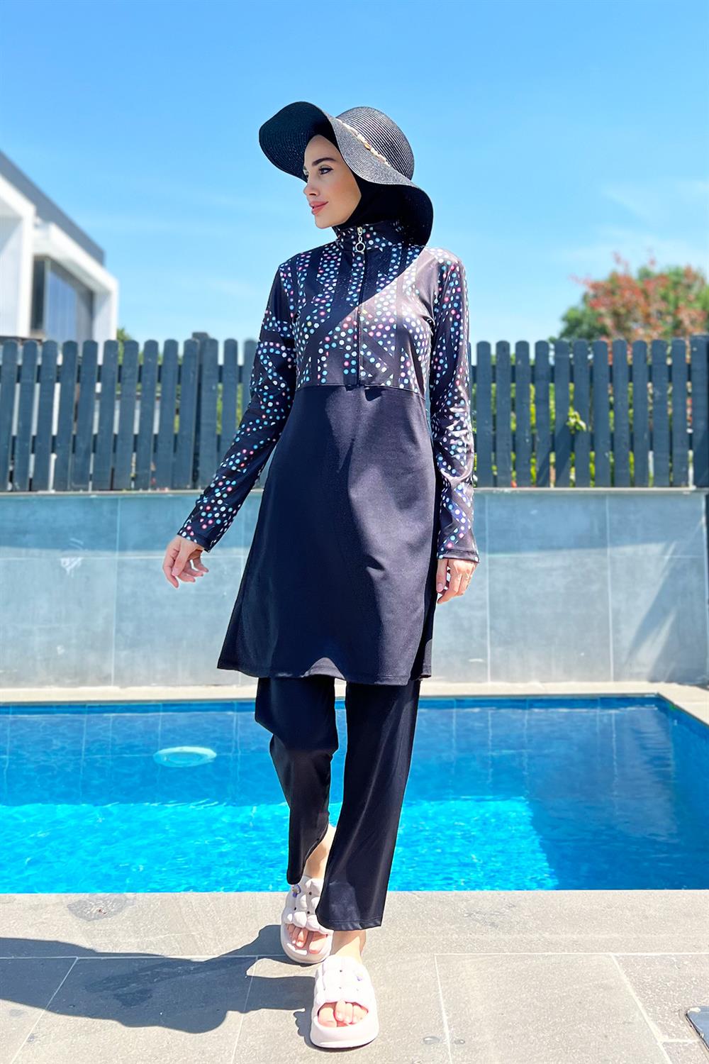 Yarım Fermuarlı Likralı Tam Kapalı Mayo R4505 Labirent