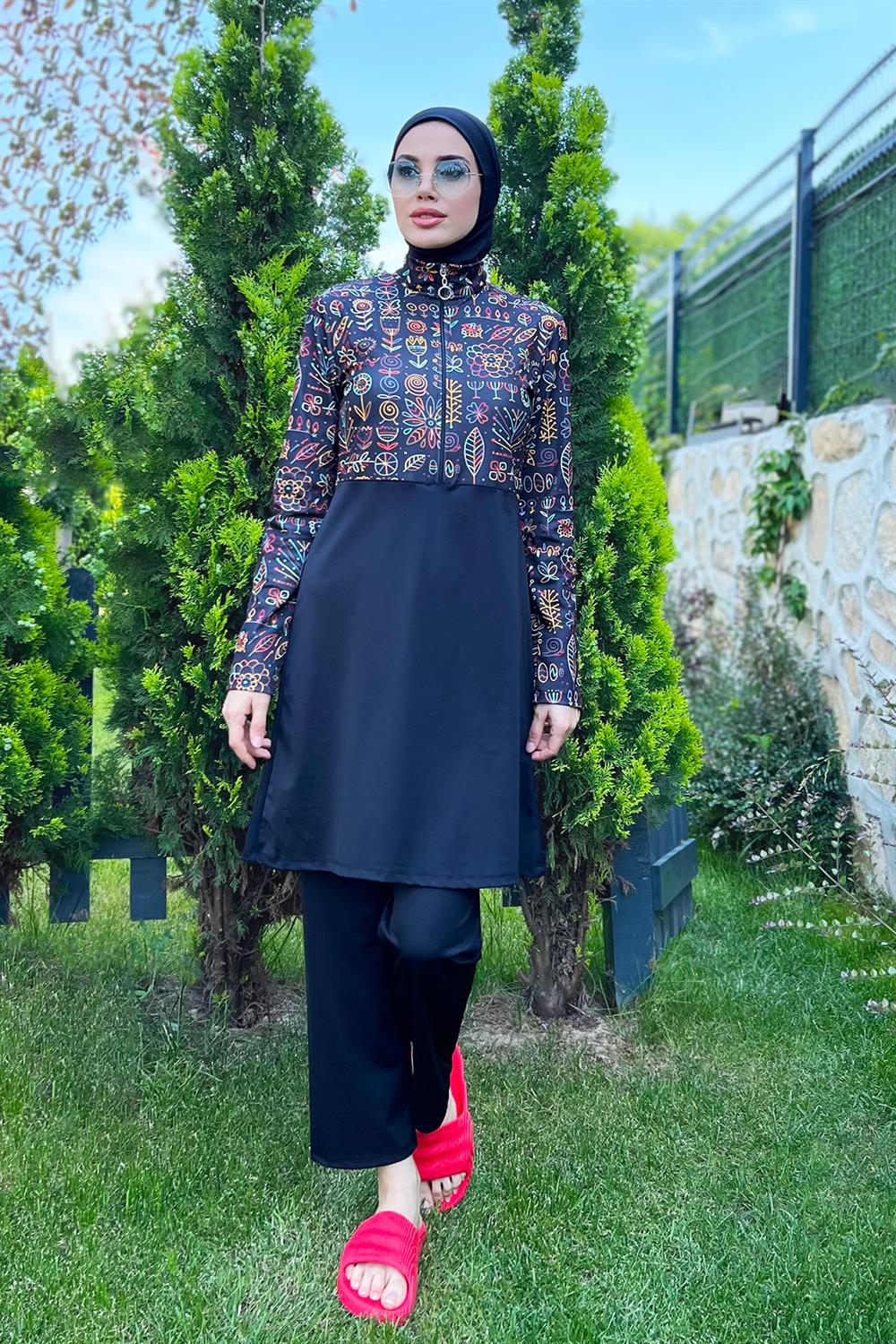 Yarım Fermuarlı Likralı Tam Kapalı Mayo 3lü set R4507 Çiçek Tema