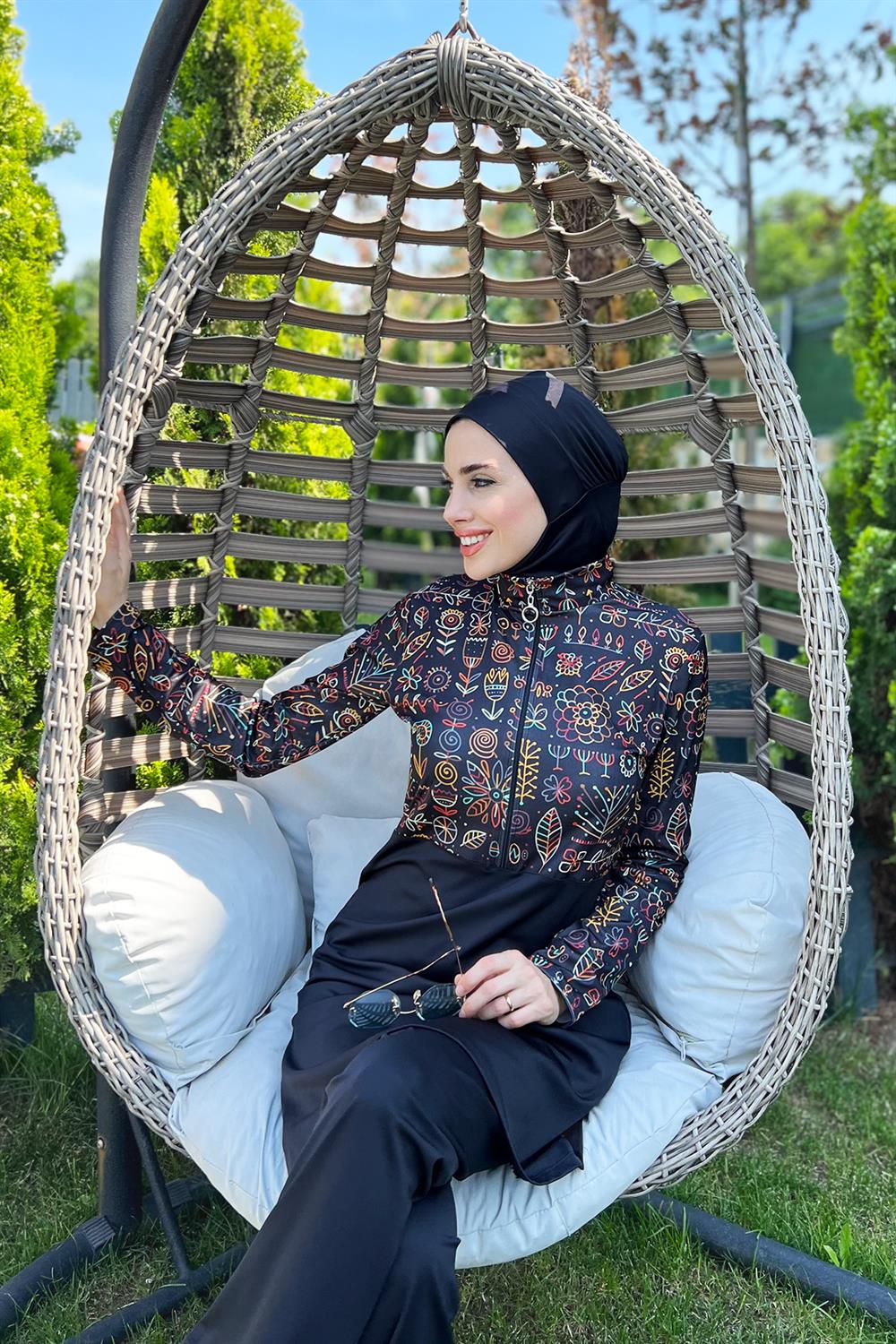 Yarım Fermuarlı Likralı Tam Kapalı Mayo 3lü set R4507 Çiçek Tema