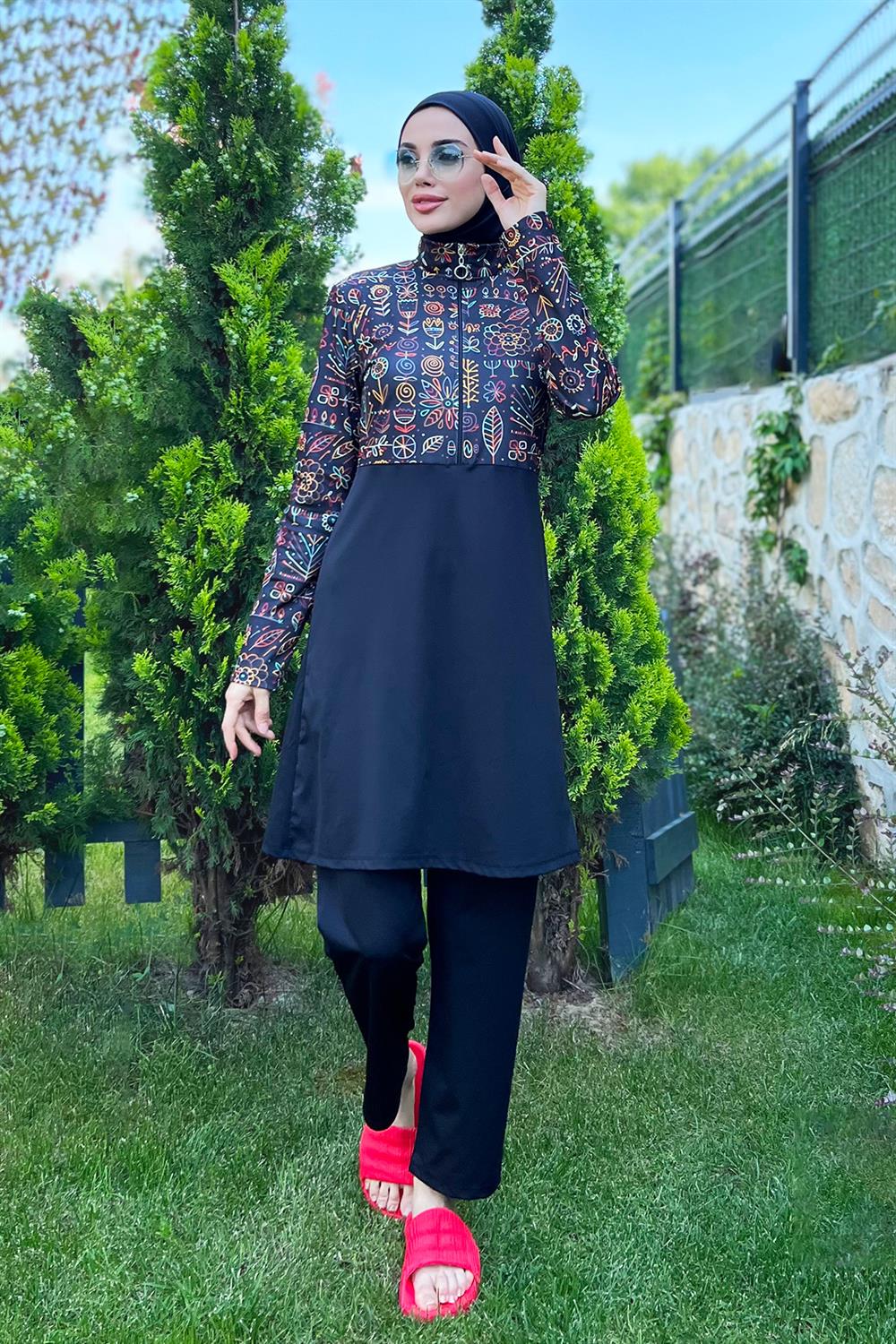 Yarım Fermuarlı Likralı Tam Kapalı Mayo 3lü set R4507 Çiçek Tema