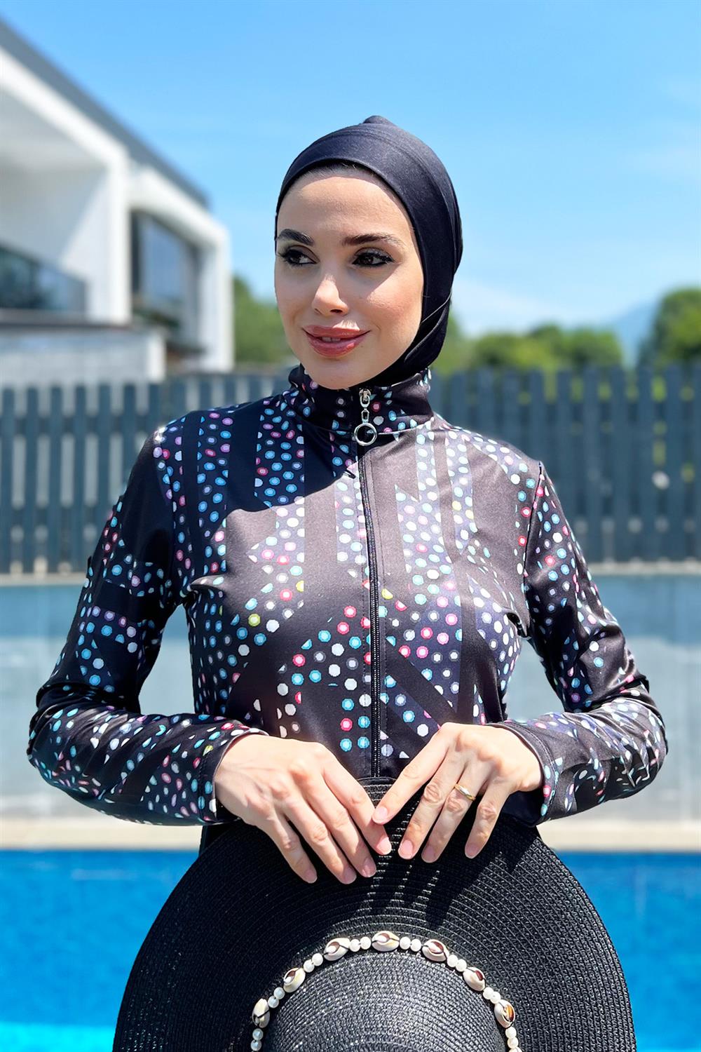 Yarım Fermuarlı Likralı Tam Kapalı Mayo R4505 Labirent
