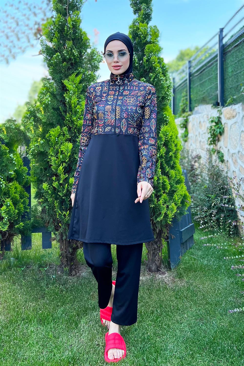 Yarım Fermuarlı Likralı Tam Kapalı Mayo 3lü set R4507 Çiçek Tema