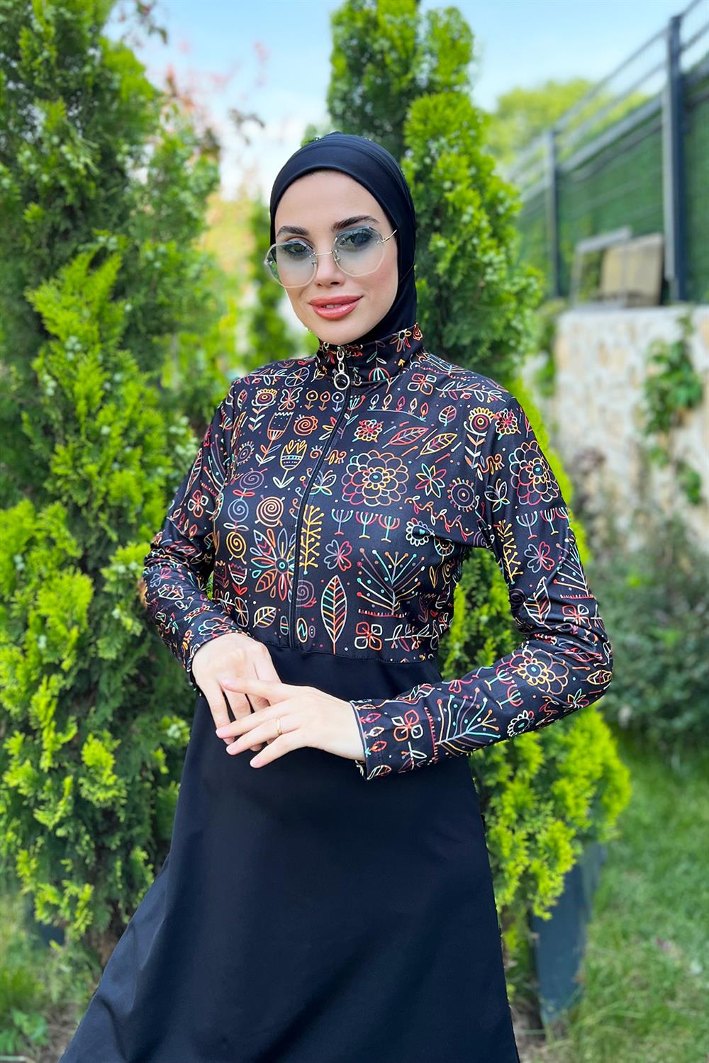 Yarım Fermuarlı Likralı Tam Kapalı Mayo 3lü set R4507 Çiçek Tema