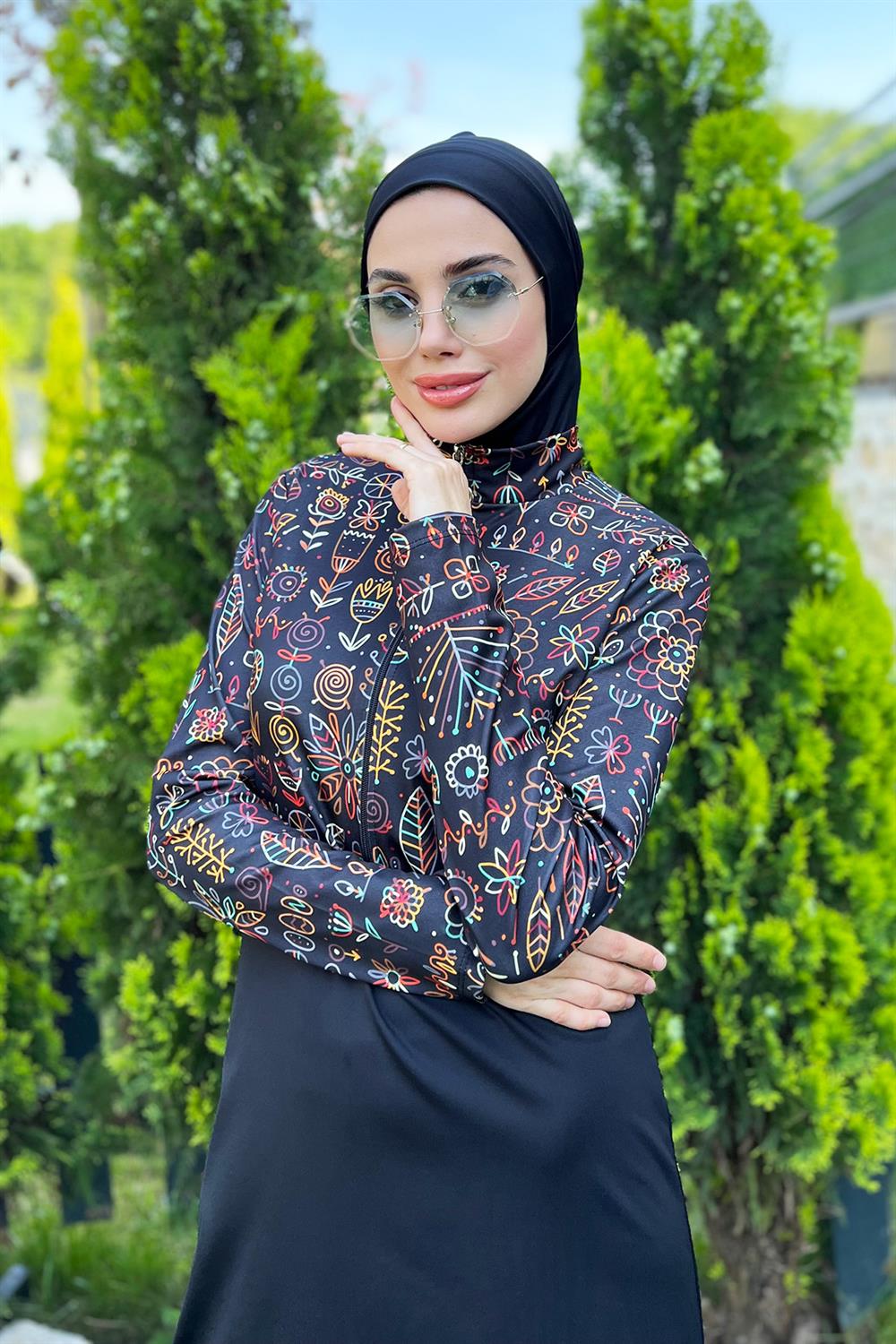 Yarım Fermuarlı Likralı Tam Kapalı Mayo 3lü set R4507 Çiçek Tema