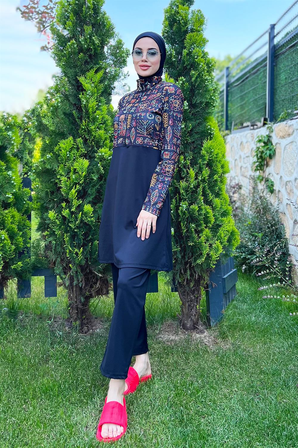 Yarım Fermuarlı Likralı Tam Kapalı Mayo 3lü set R4507 Çiçek Tema