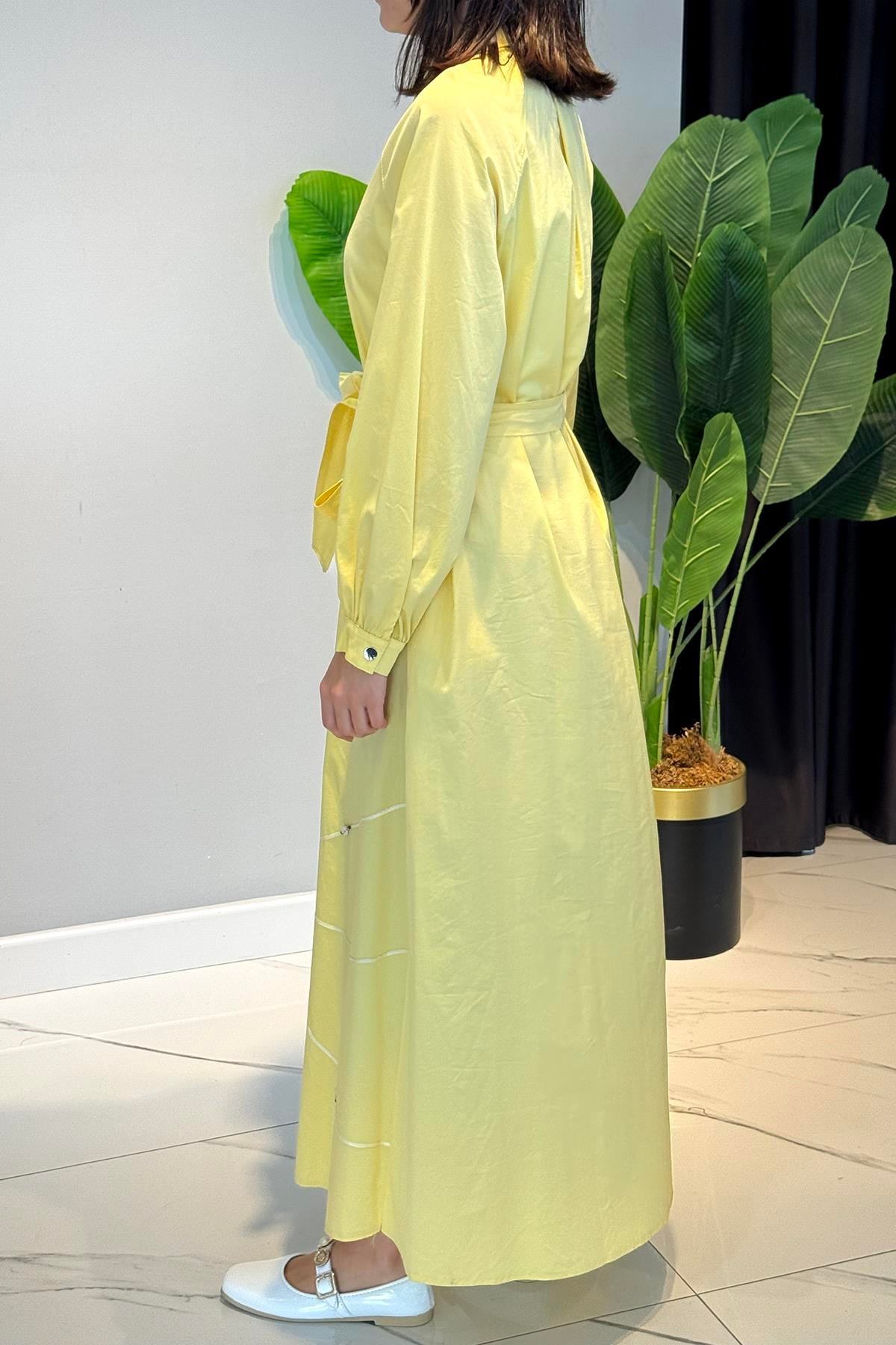 Yarım Patlı Fermuarlı Poplin Elbise 5779 Sarı