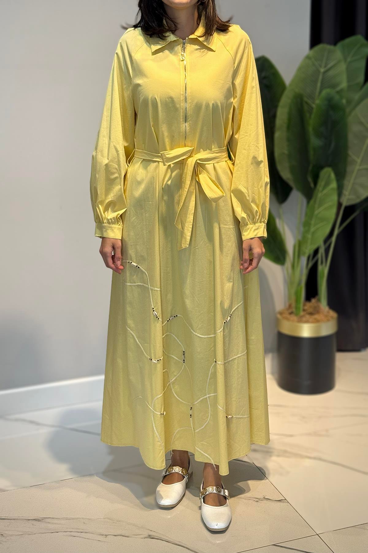 Yarım Patlı Fermuarlı Poplin Elbise 5779 Sarı