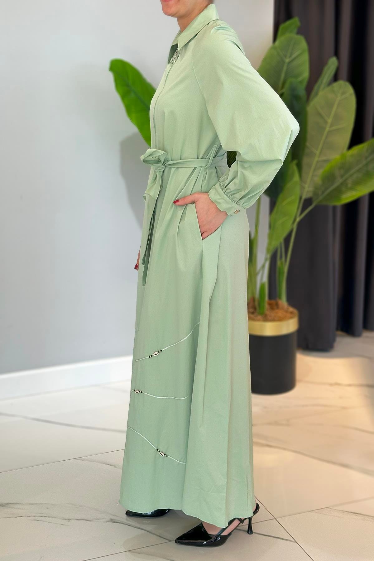 Yarım Patlı Fermuarlı Poplin Elbise 5779 Mint