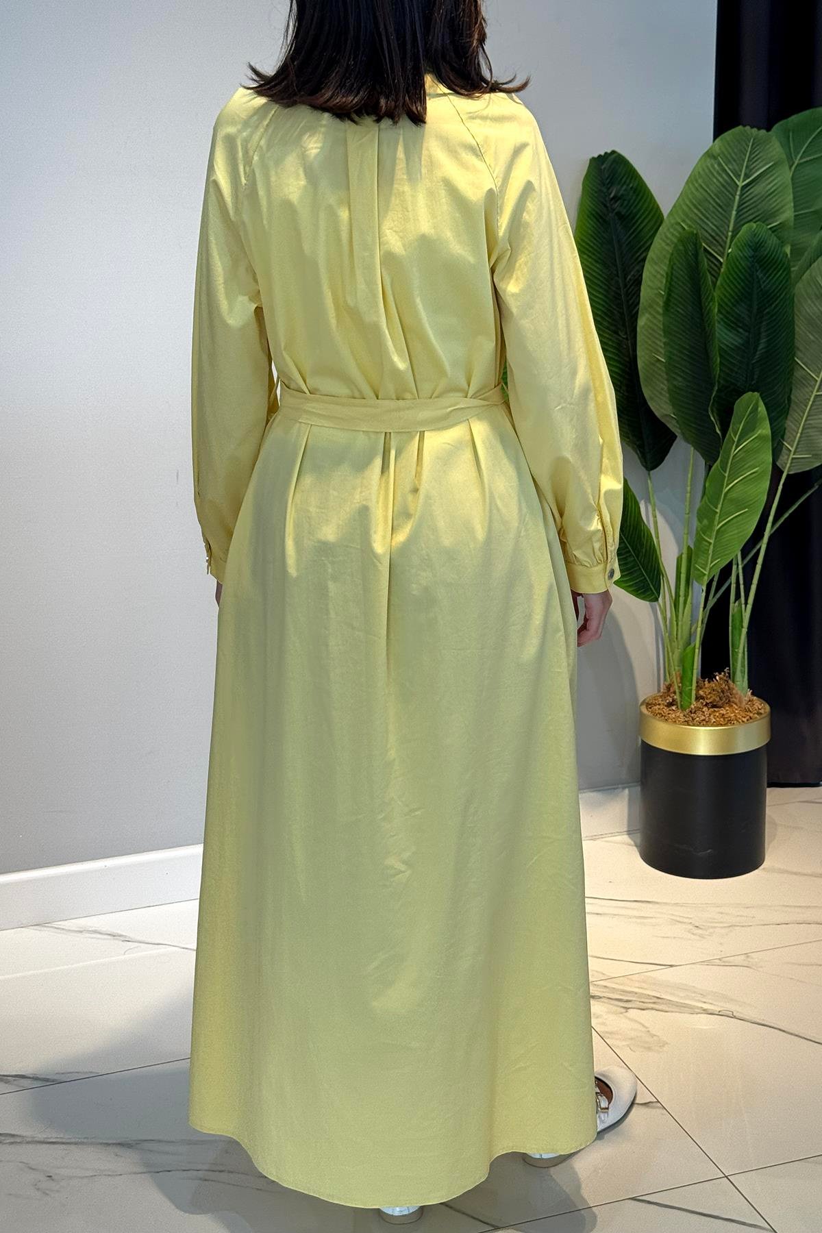 Yarım Patlı Fermuarlı Poplin Elbise 5779 Sarı