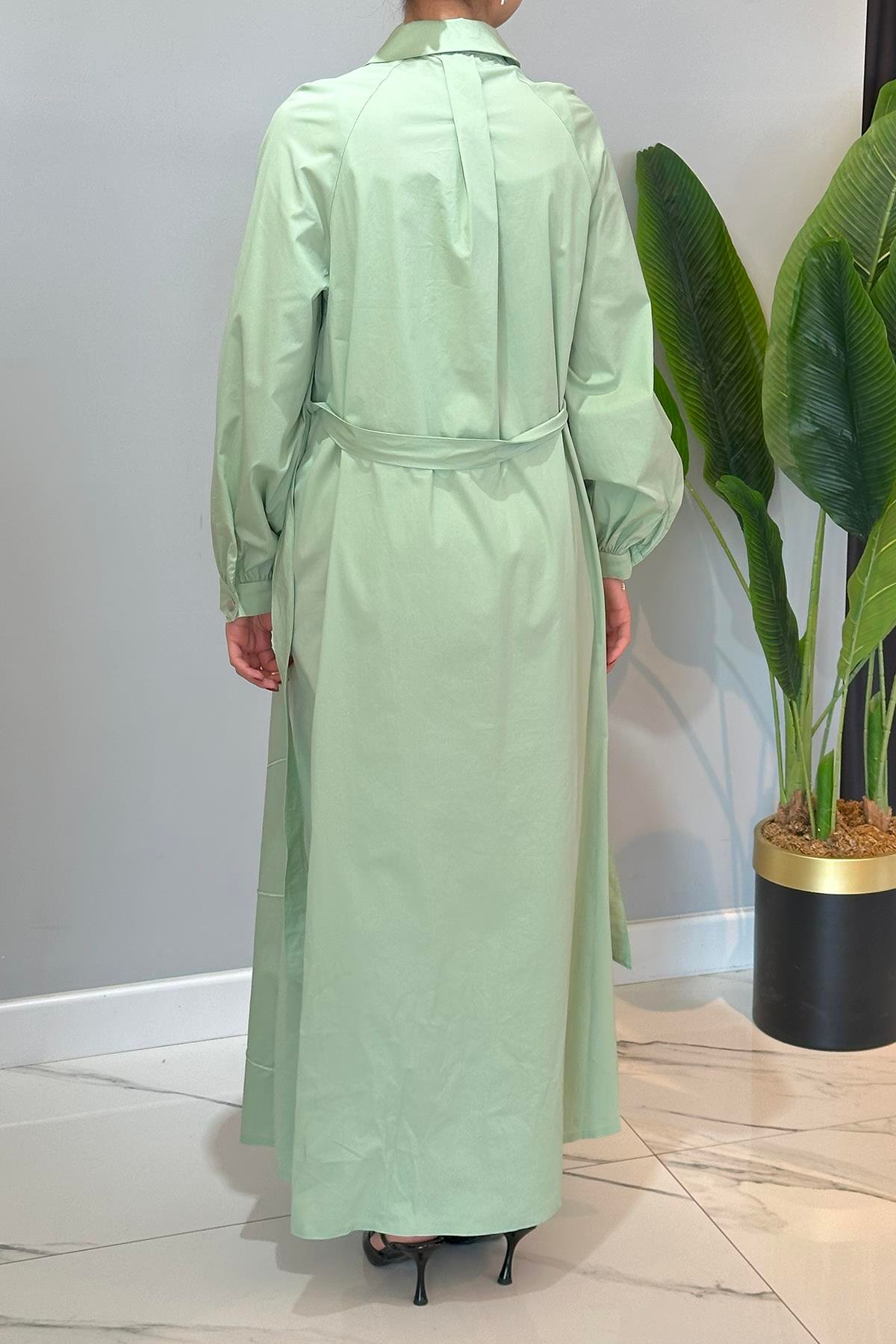 Yarım Patlı Fermuarlı Poplin Elbise 5779 Mint