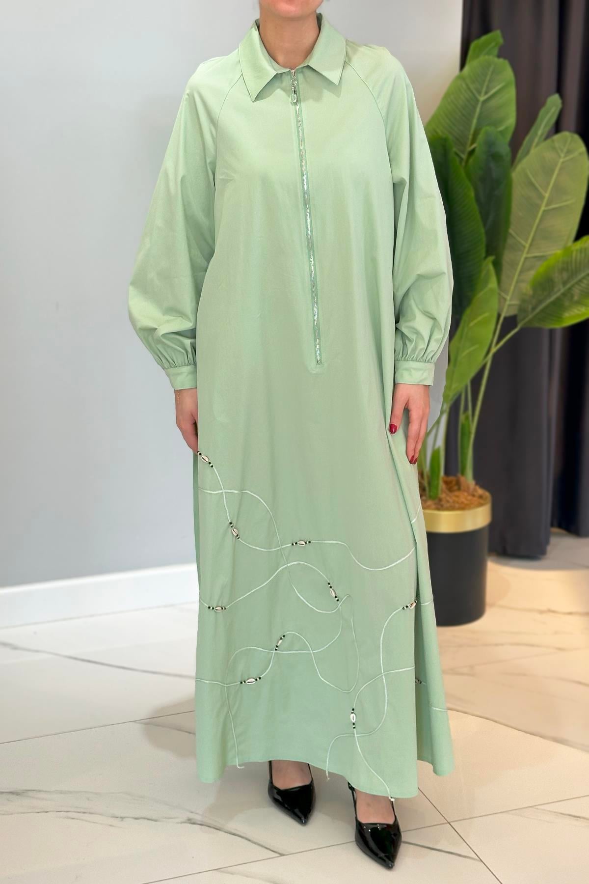 Yarım Patlı Fermuarlı Poplin Elbise 5779 Mint