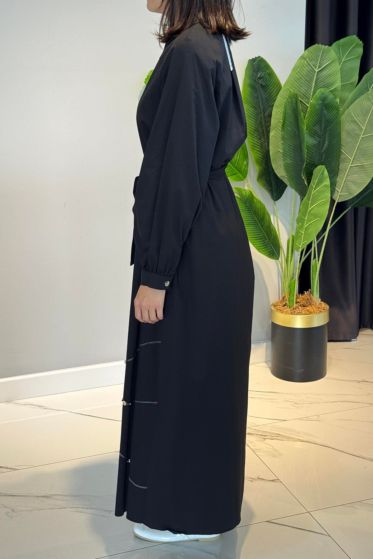 Yarım Patlı Fermuarlı Poplin Elbise 5779 Siyah