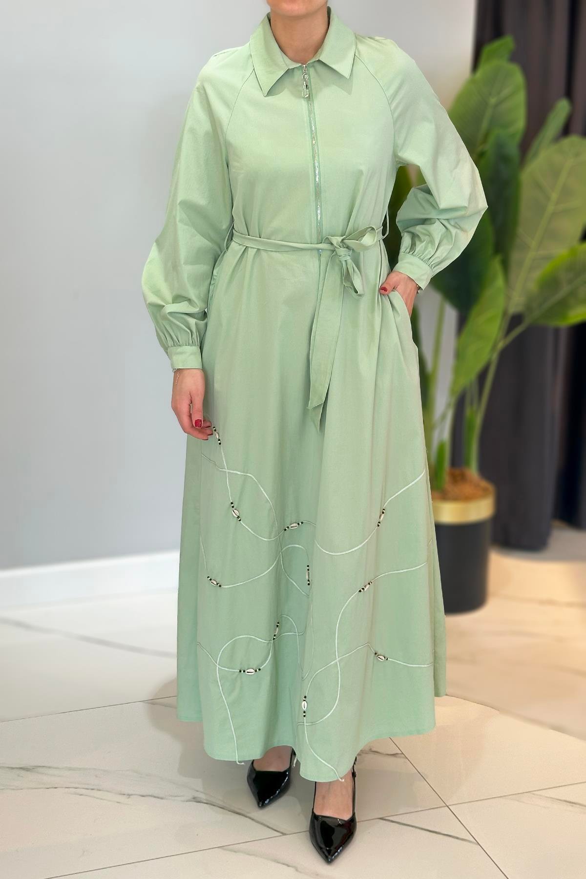 Yarım Patlı Fermuarlı Poplin Elbise 5779 Mint