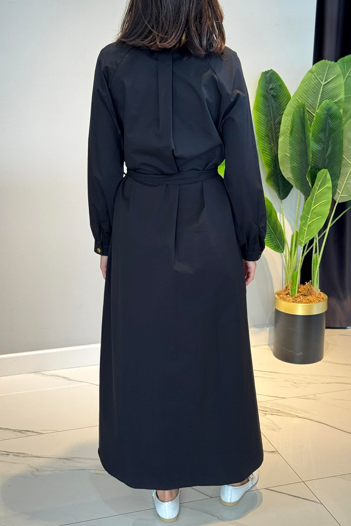 Yarım Patlı Fermuarlı Poplin Elbise 5779 Siyah