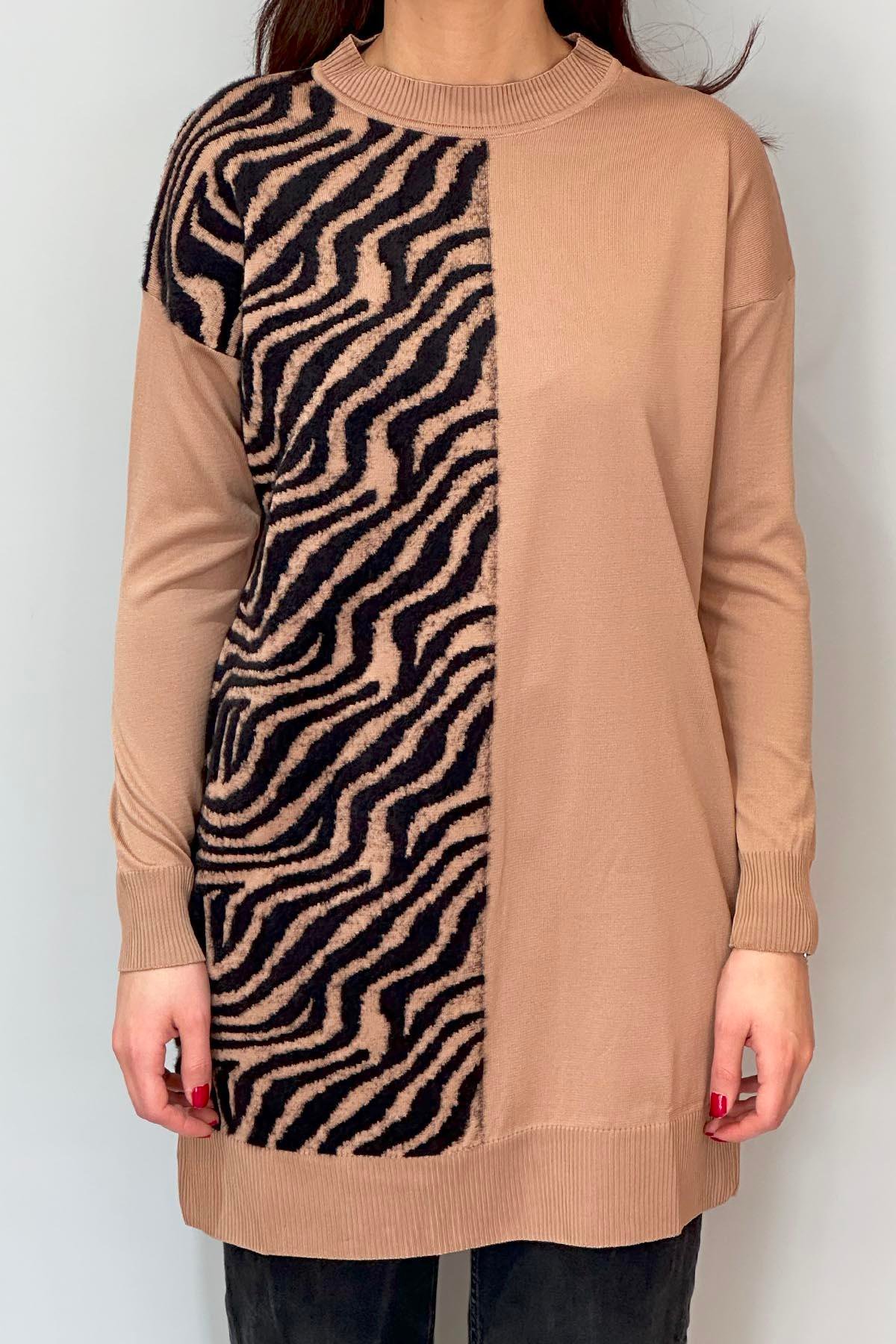 Zebra Tüy Detay Triko Tunik 35022 Latte