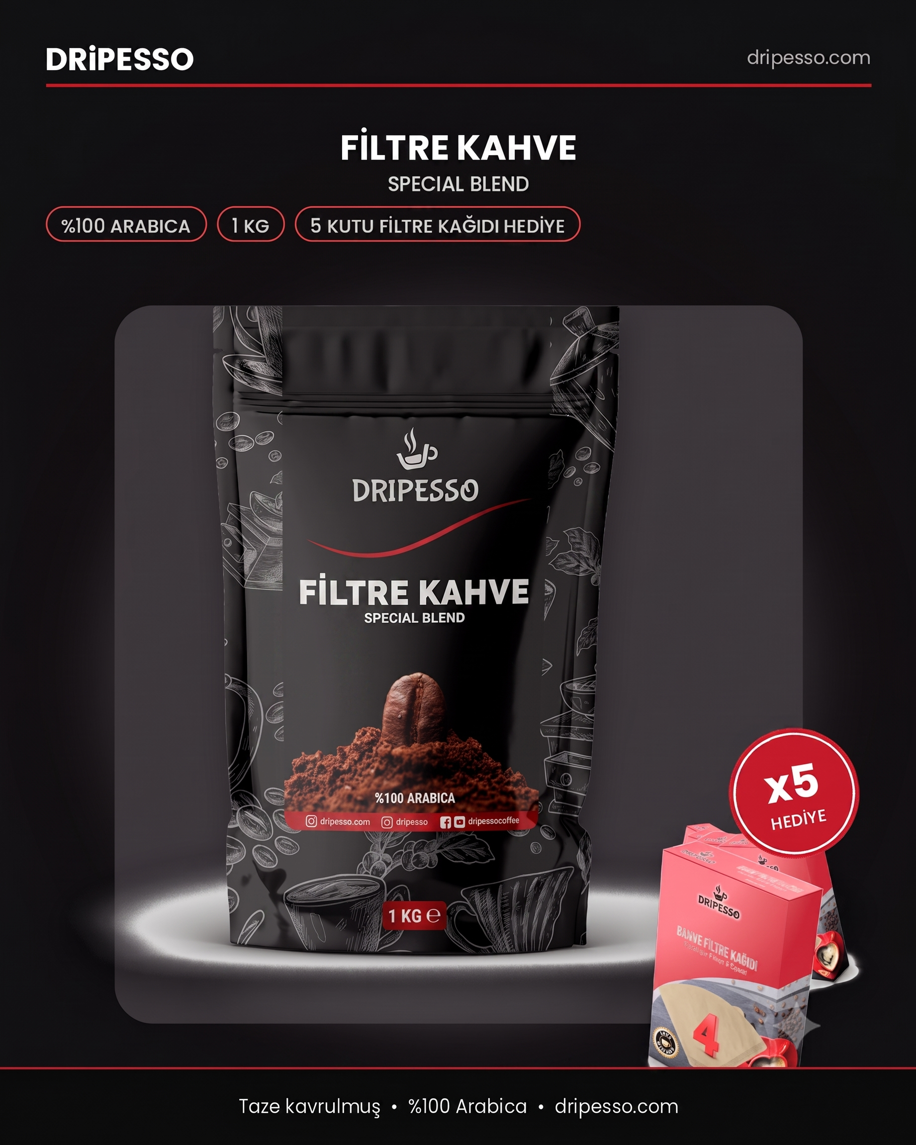 Filtre Kahve Special Blend 1 KG + 5 Kutu Filtre Kağıdı HEDİYELİFiltre Kahve 1 KG Special Blend | 5 Kutu Filtre Kağıdı Hediyeli - DripessoFiltre Kahveler