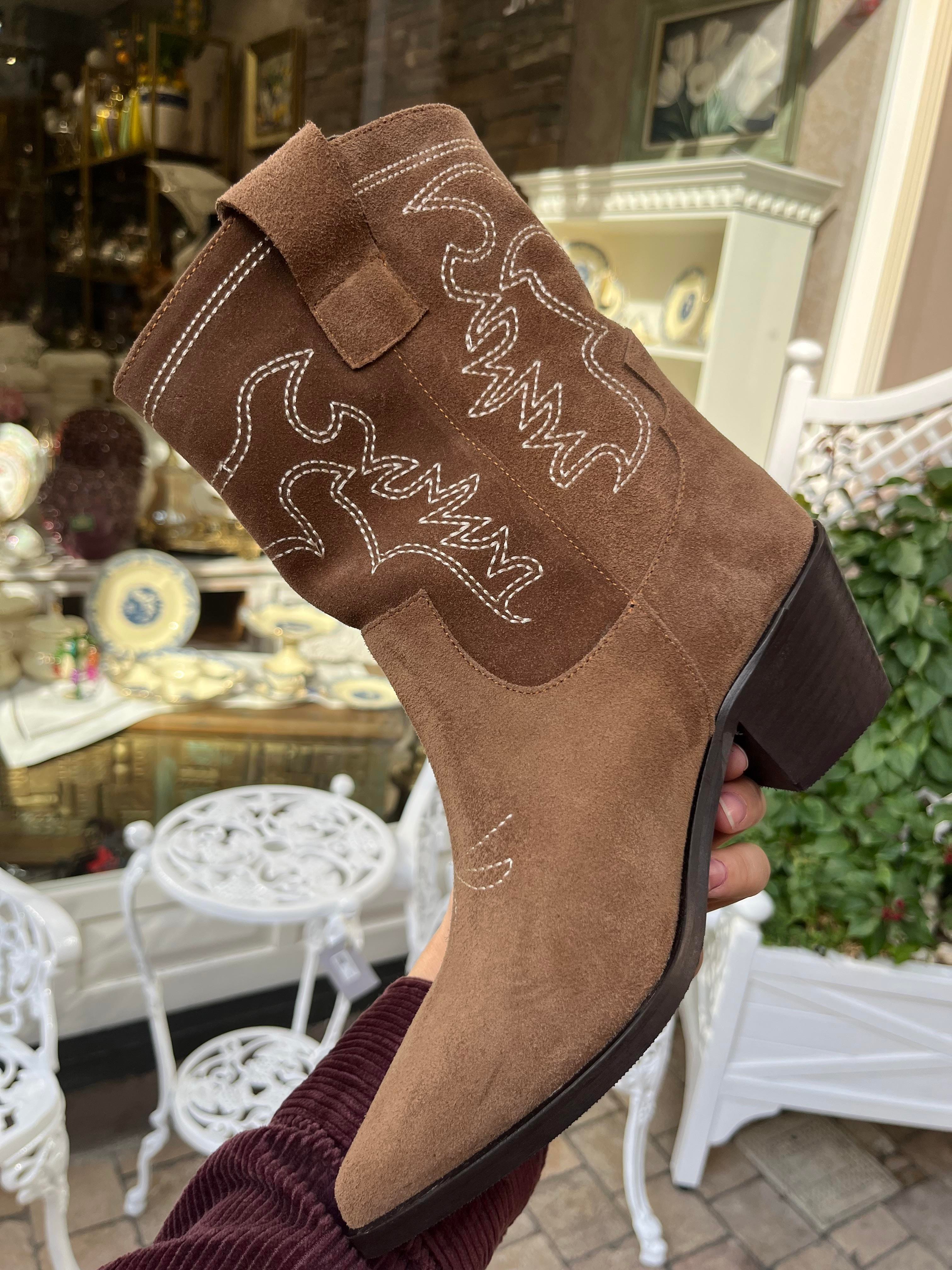 CAMEL NAKIŞLI HAKİKİ SÜET WESTERN BOT