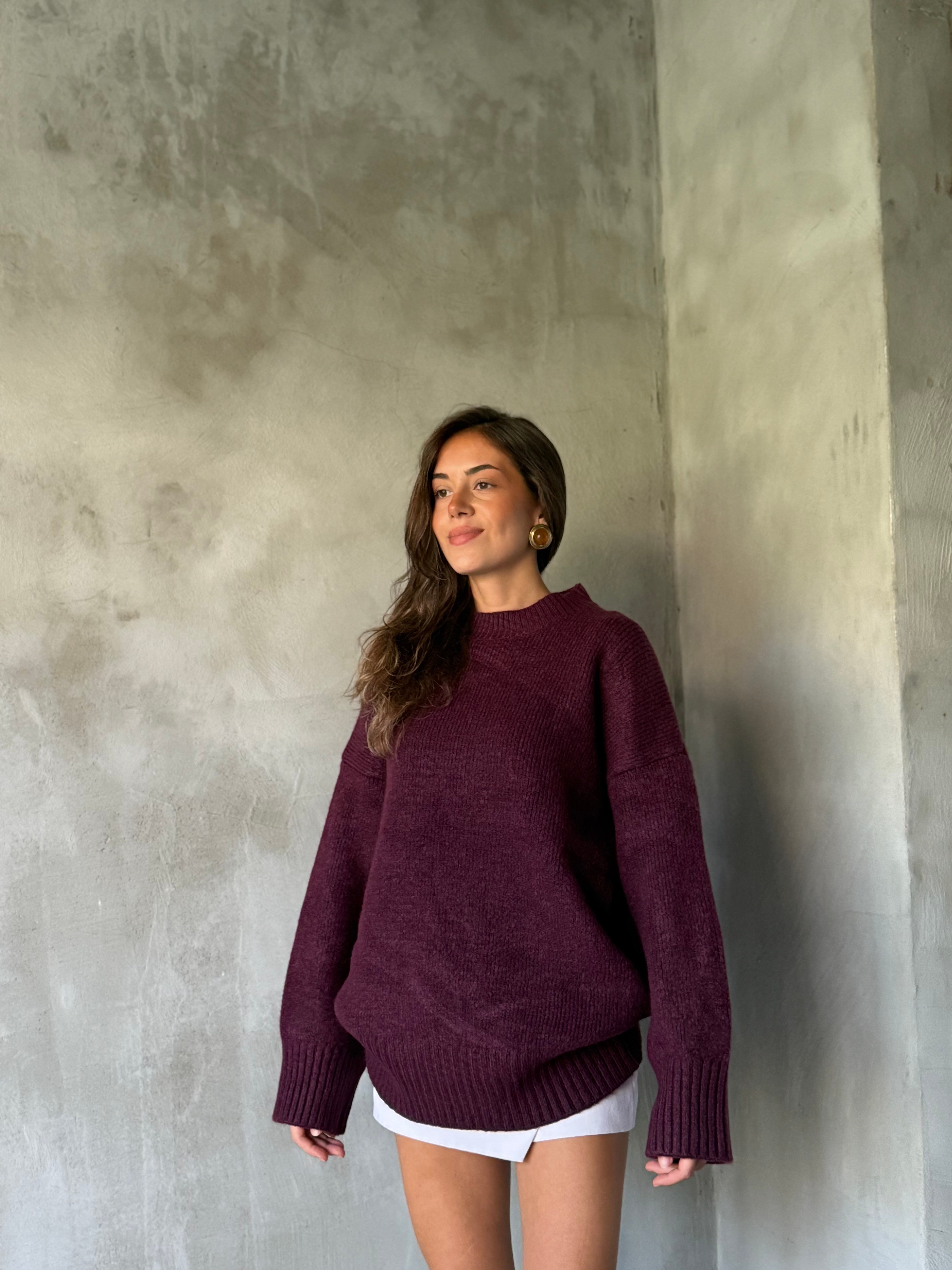  Yün Basic Oversize Bisiklet Yaka Kazak - Mürdüm - Dominatrend