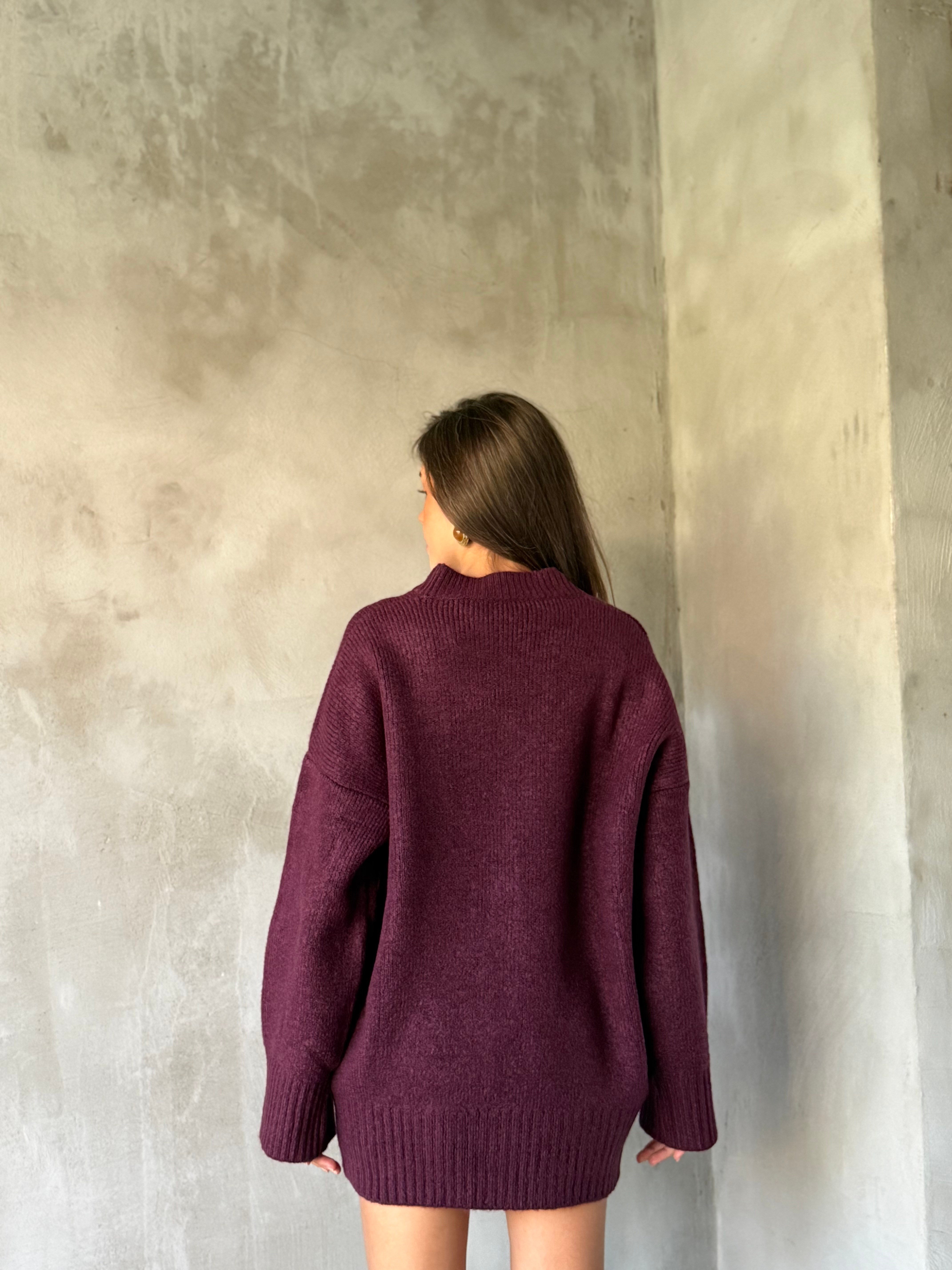 Yün Basic Oversize Bisiklet Yaka Kazak - Mürdüm - Dominatrend