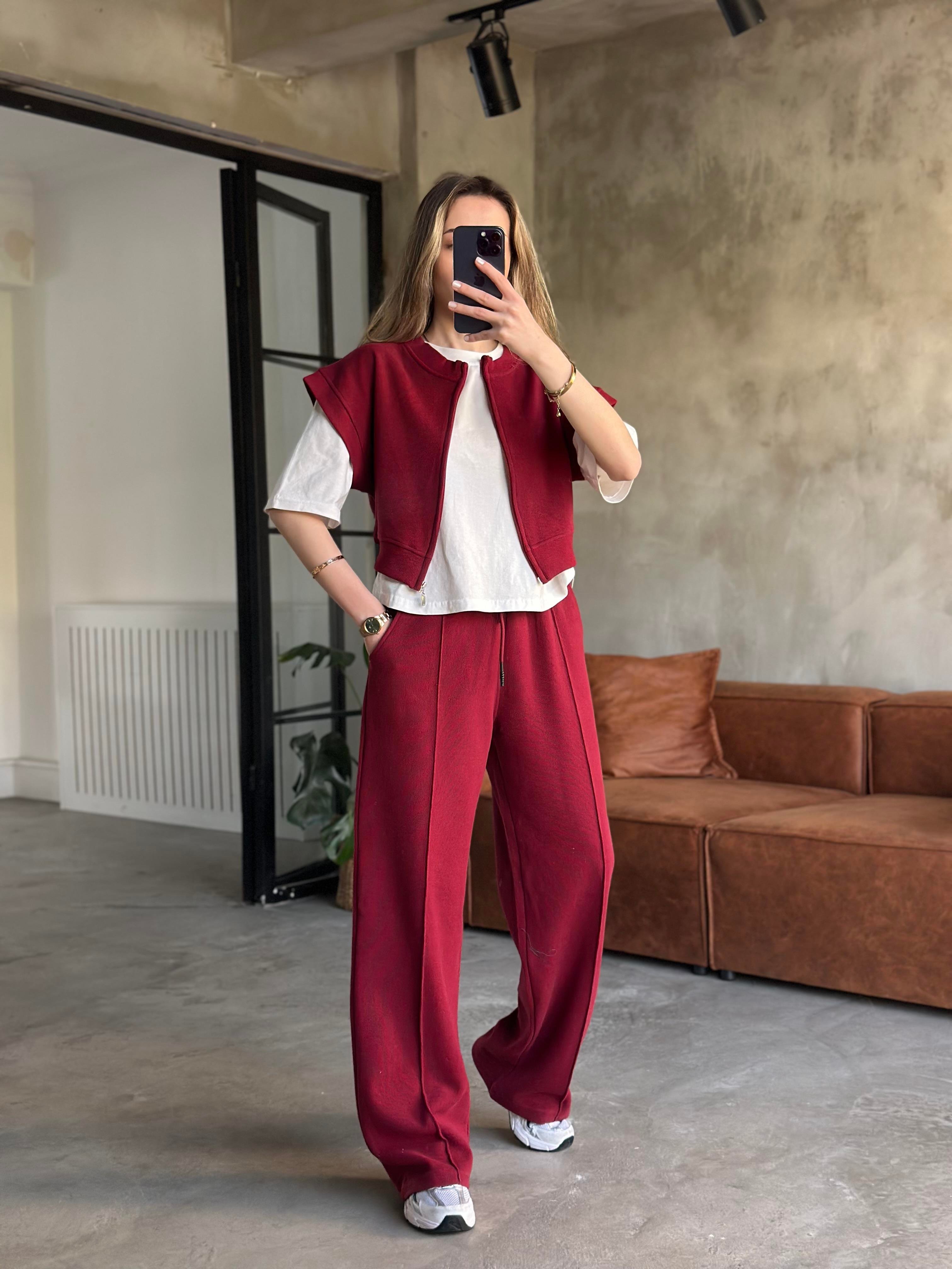 3'lü Set Selanik Kumaş Takım - Bordo - Dominatrend