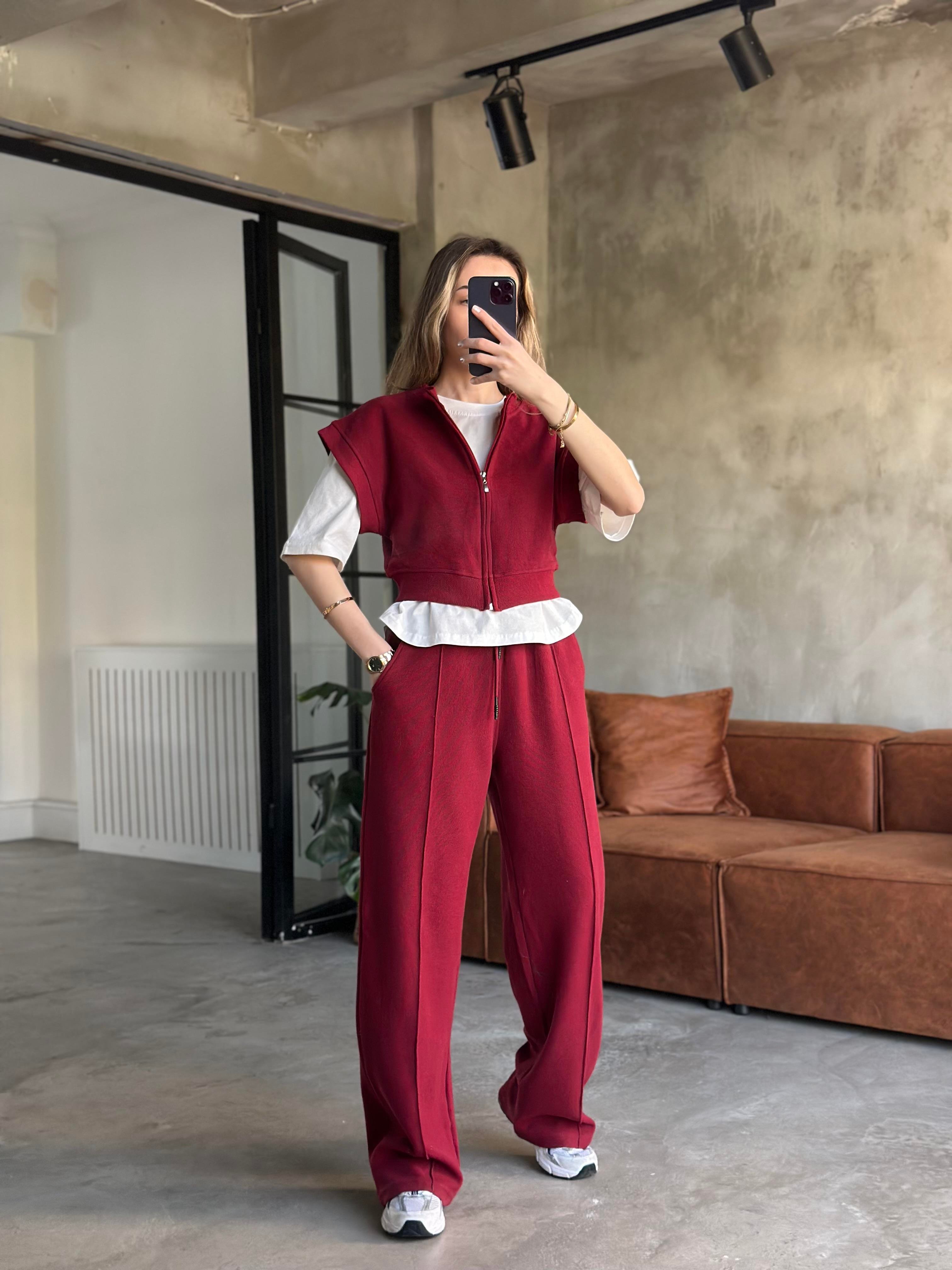 3'lü Set Selanik Kumaş Takım - Bordo - Dominatrend