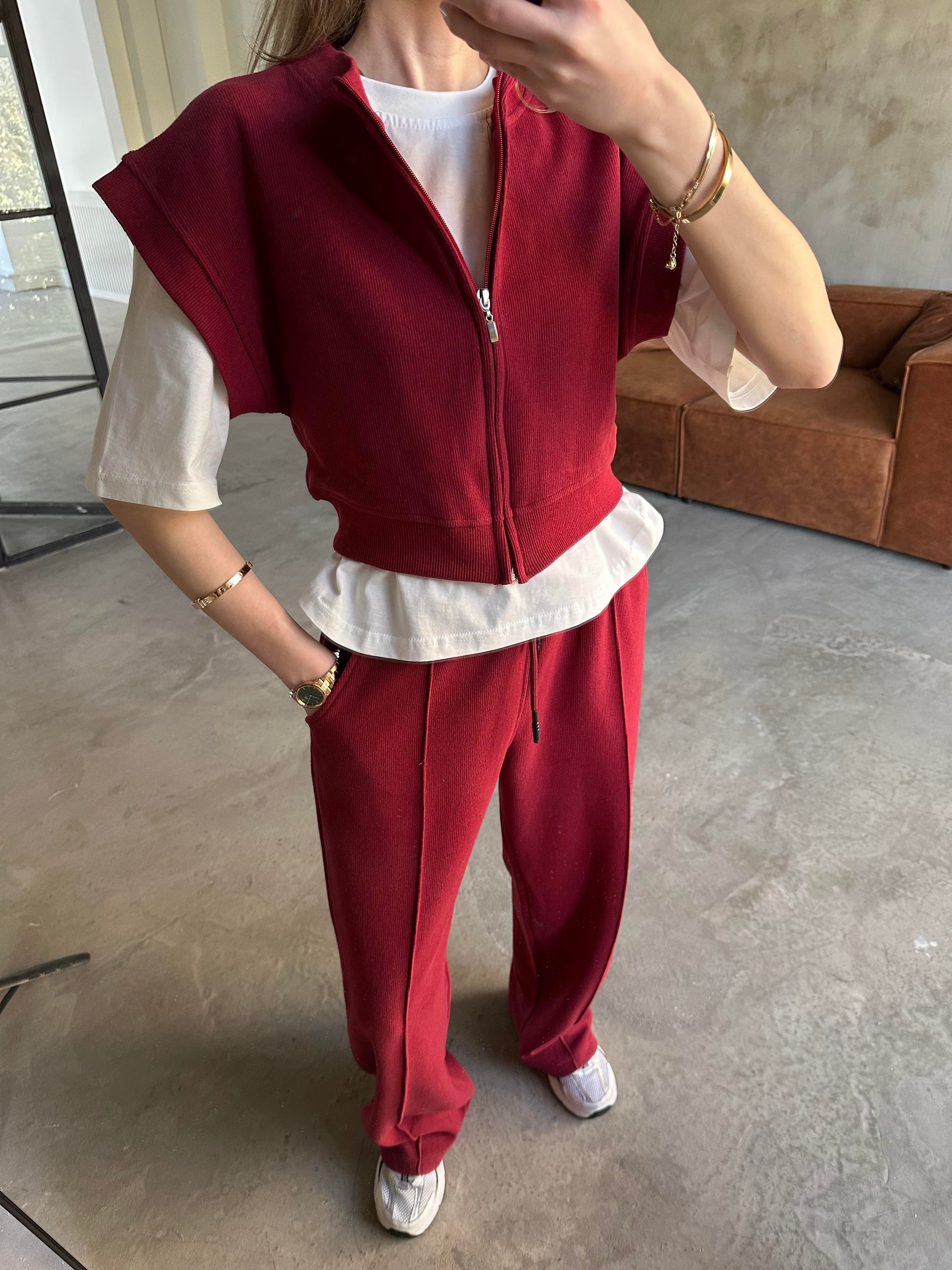 3'lü Set Selanik Kumaş Takım - Bordo - Dominatrend
