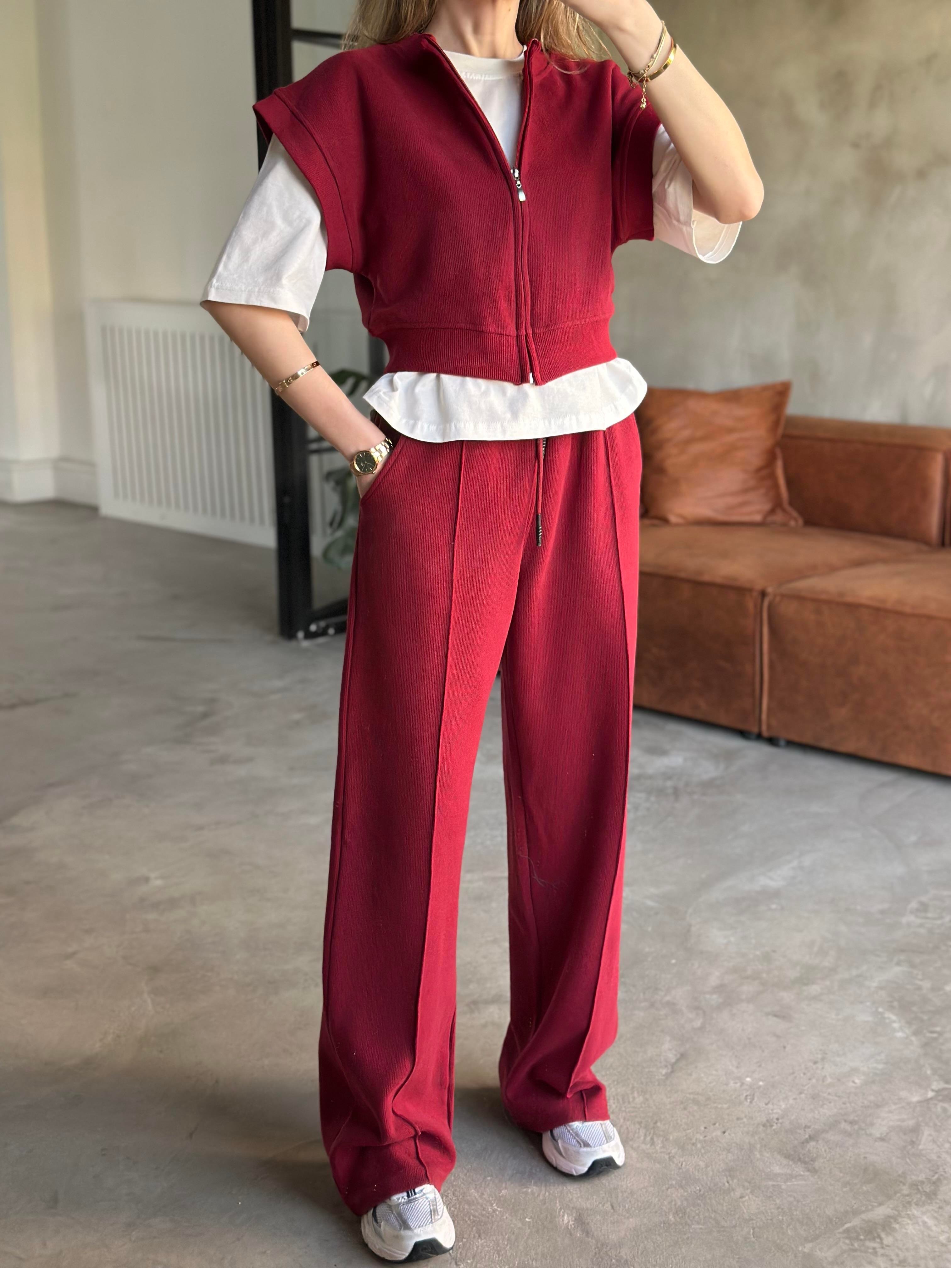 3'lü Set Selanik Kumaş Takım - Bordo - Dominatrend